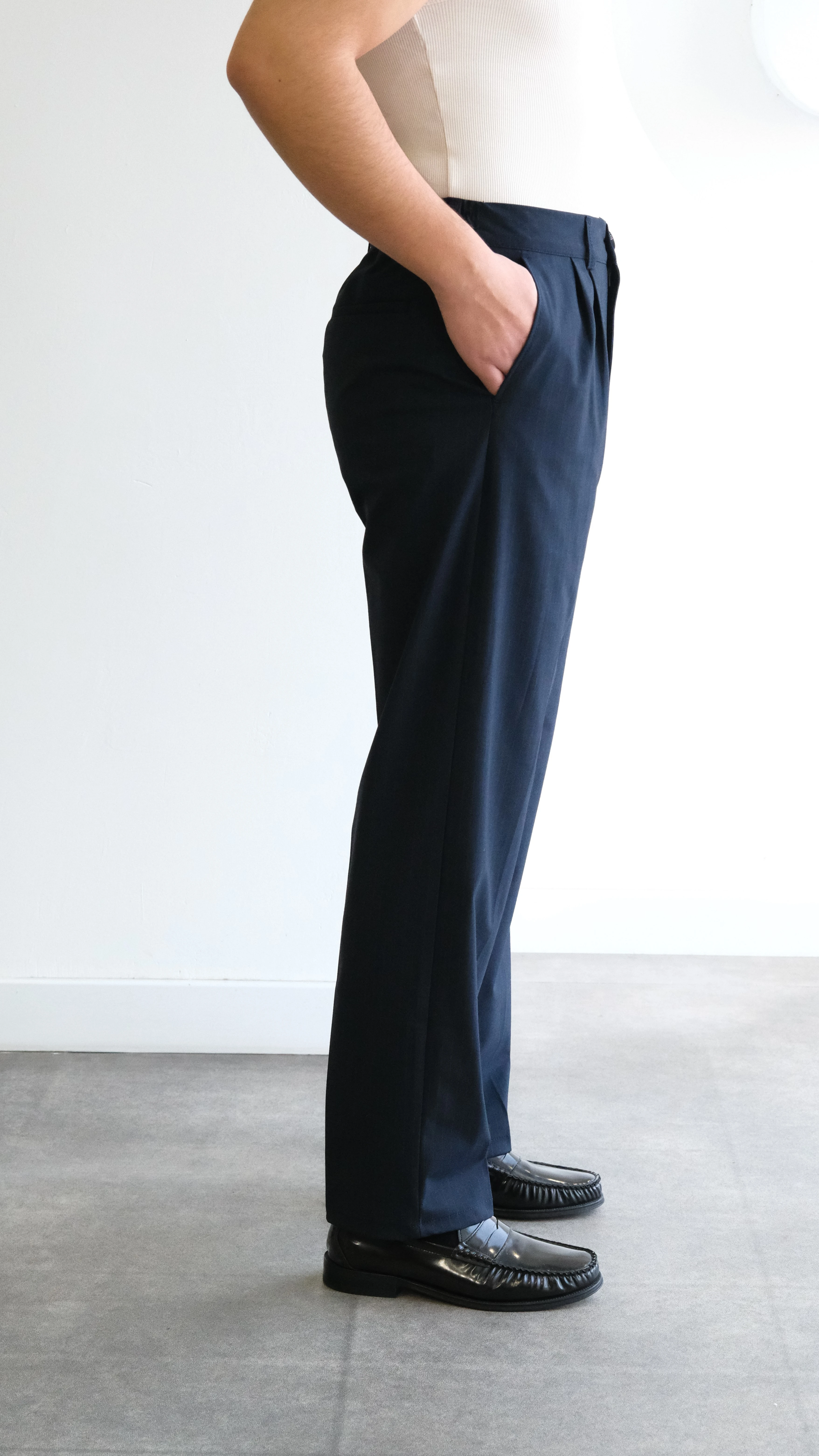 Çift Pileli Lacivert İnce Çizgili Baggy Kumaş Pantolon