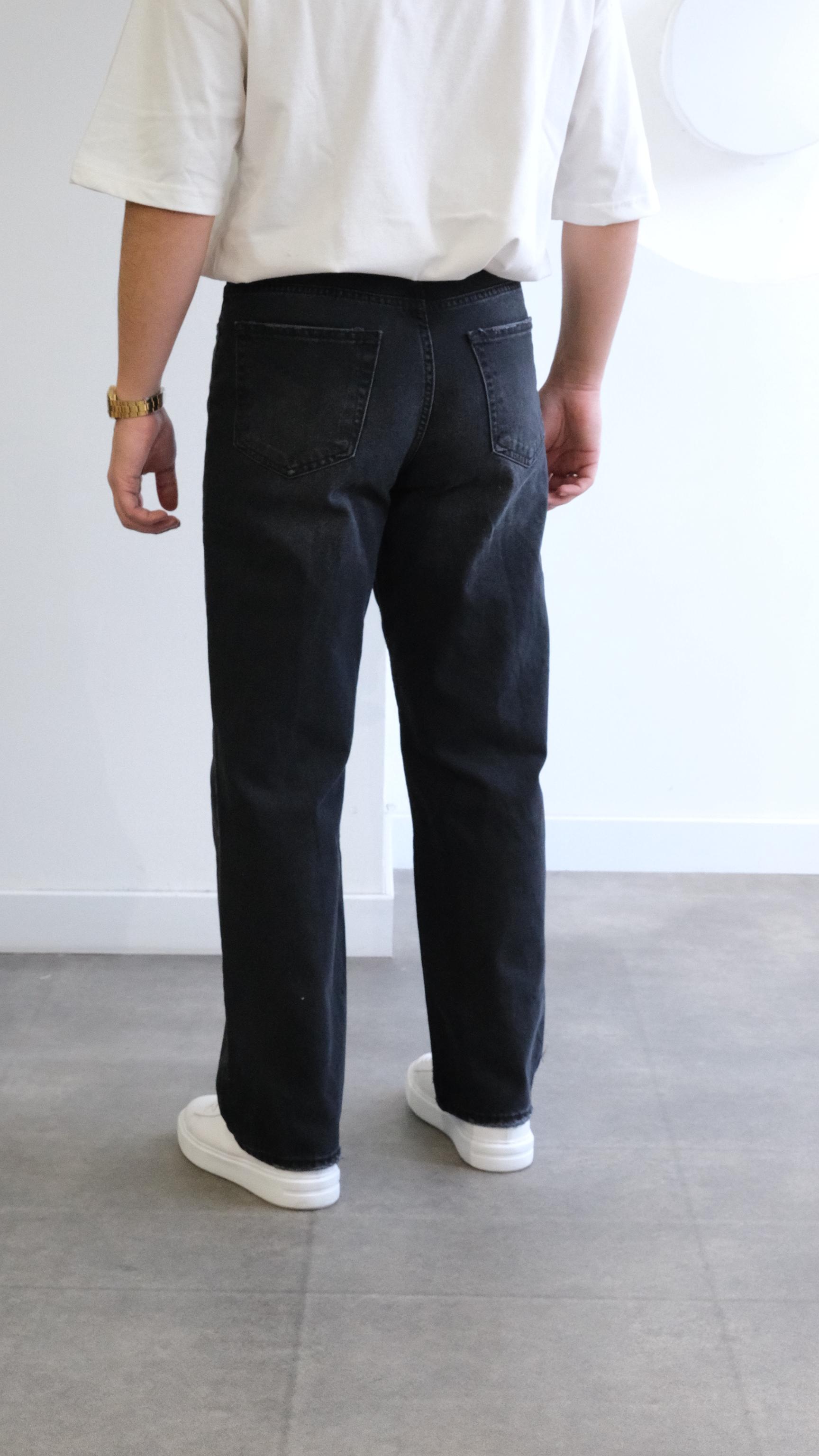 Yıkamalı Koyu Gri Baggy Jean Pantolon