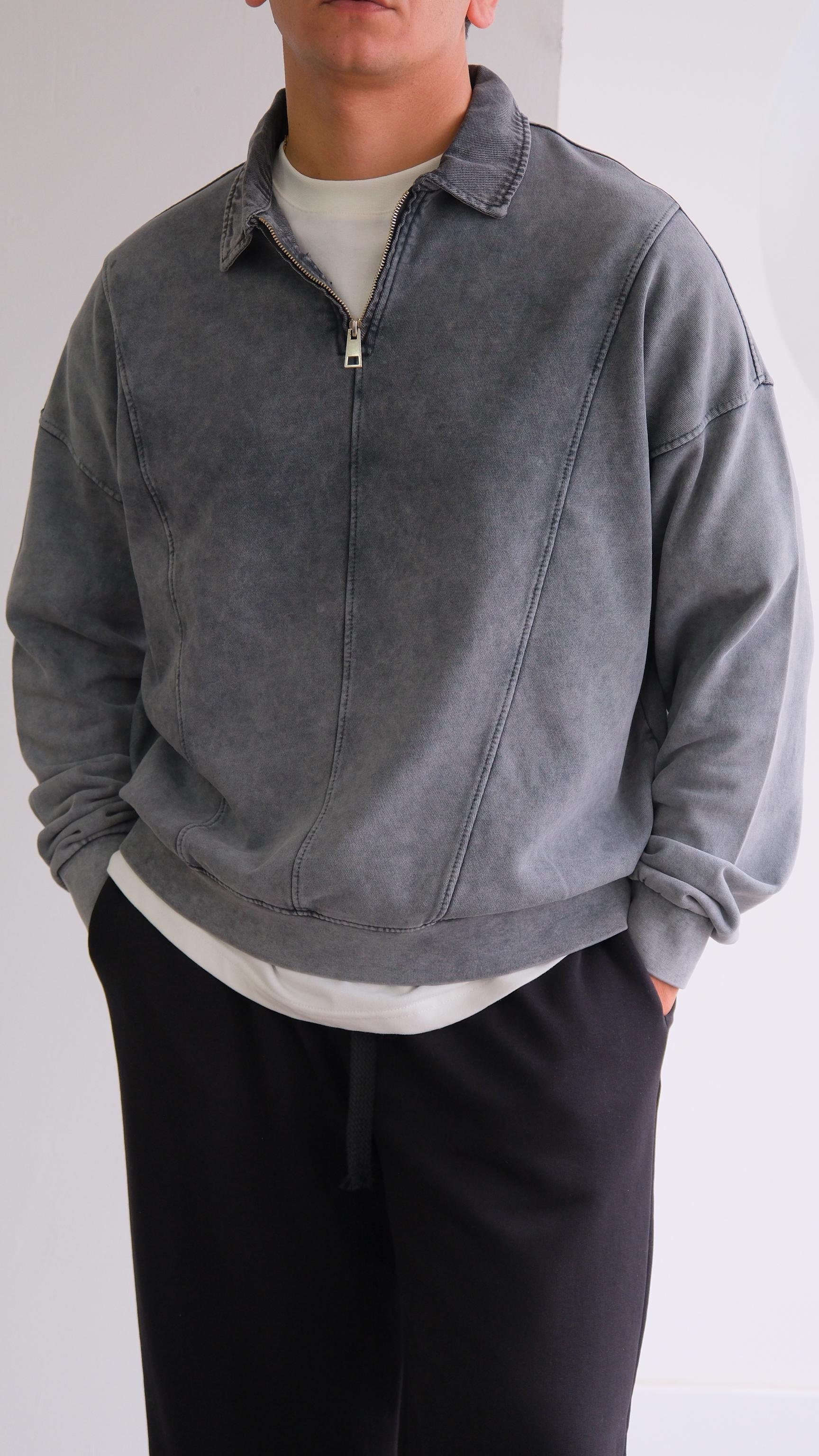 Yıkamalı Gri Fermuarlı Polo Yaka Sweat