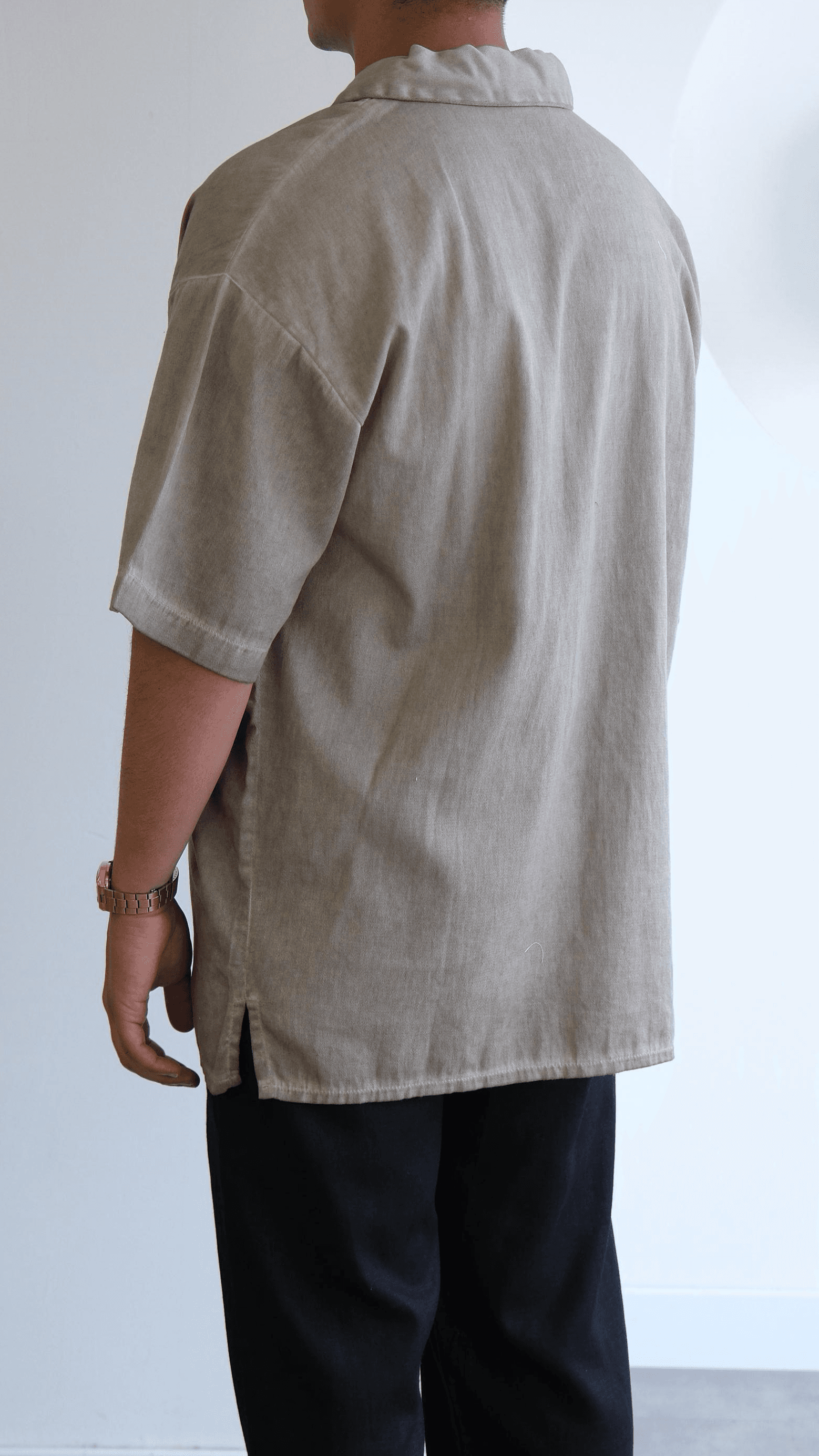Bej Baskılı Yıkamalı Oversize Kısakol Gömlek