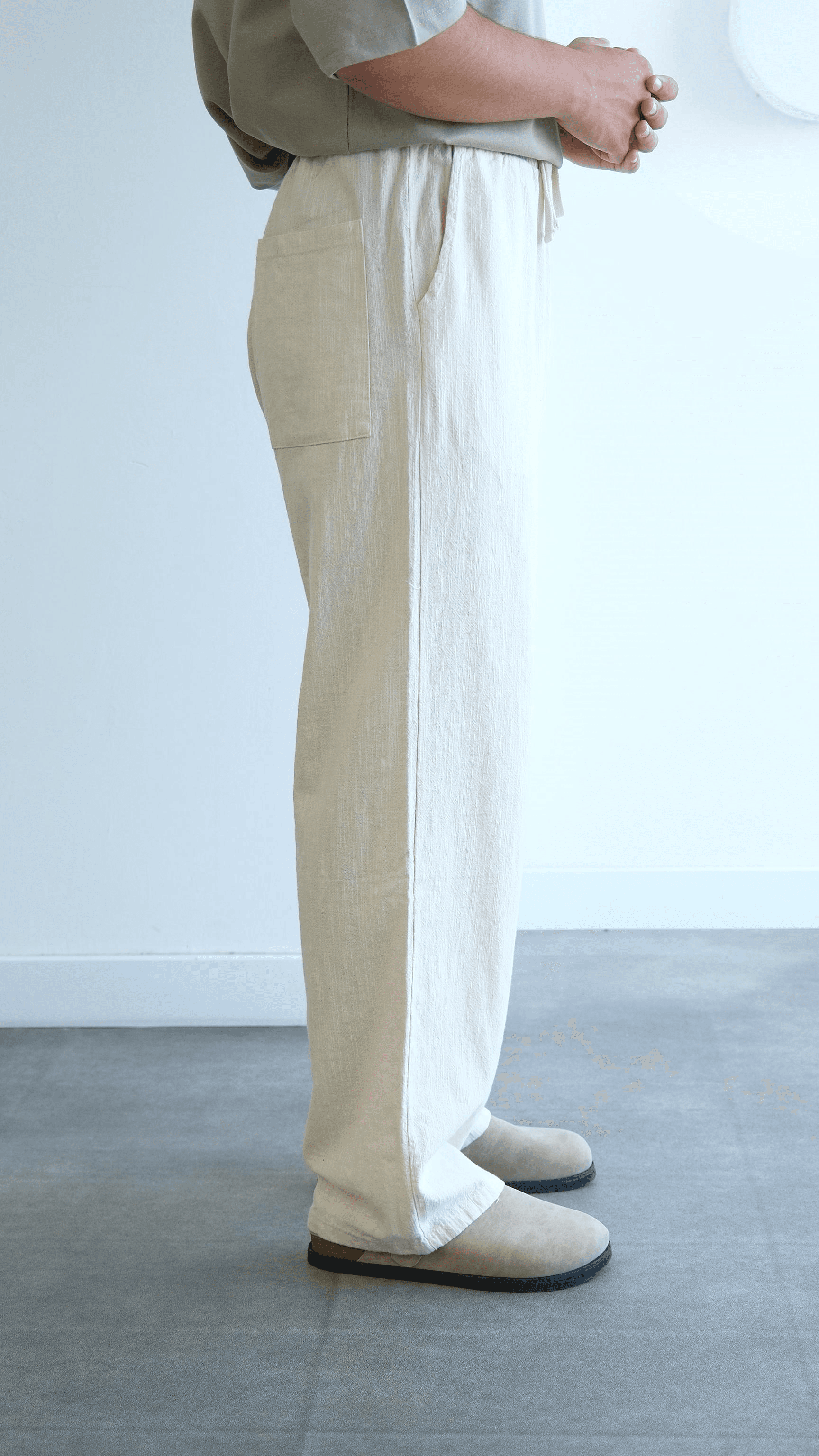 Krem Baggy Keten Bağcıklı Pantolon