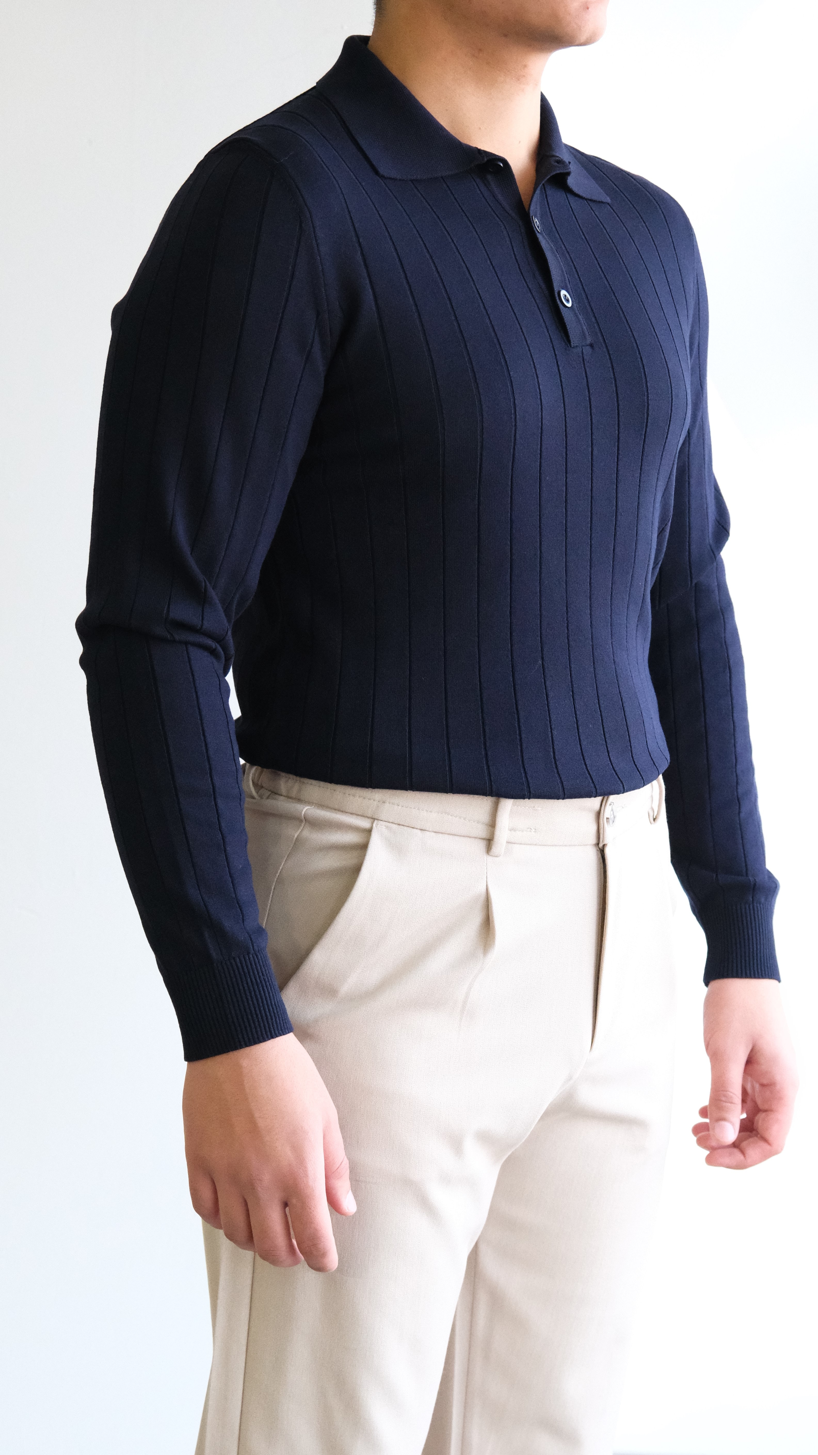 Polo Yaka Şeritli Lacivert Triko