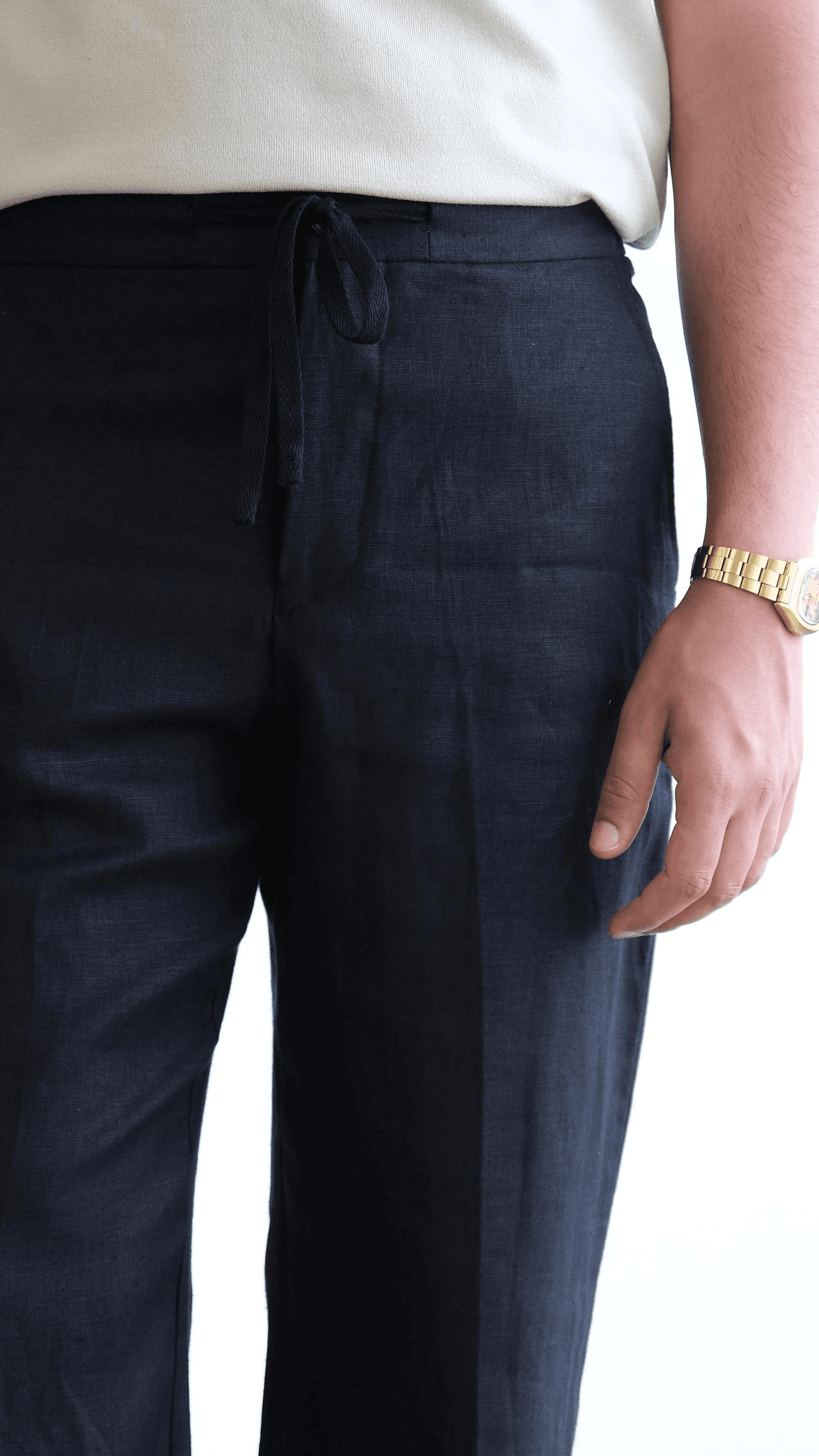 Siyah Keten Belden Bağlamalı Baggy Pantolon