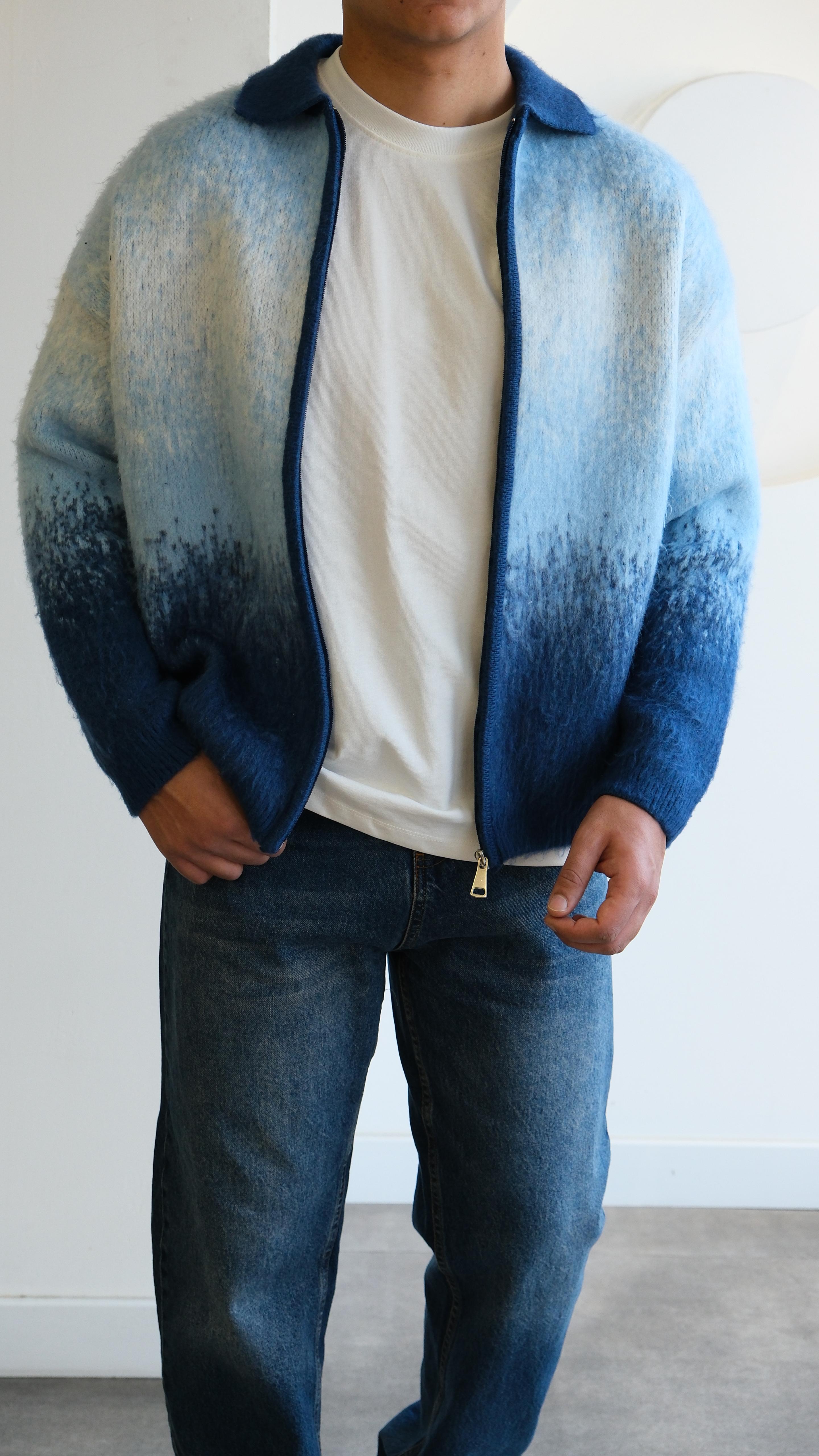 Yün Görünümlü Mavi Kontrast Kalın Hırka