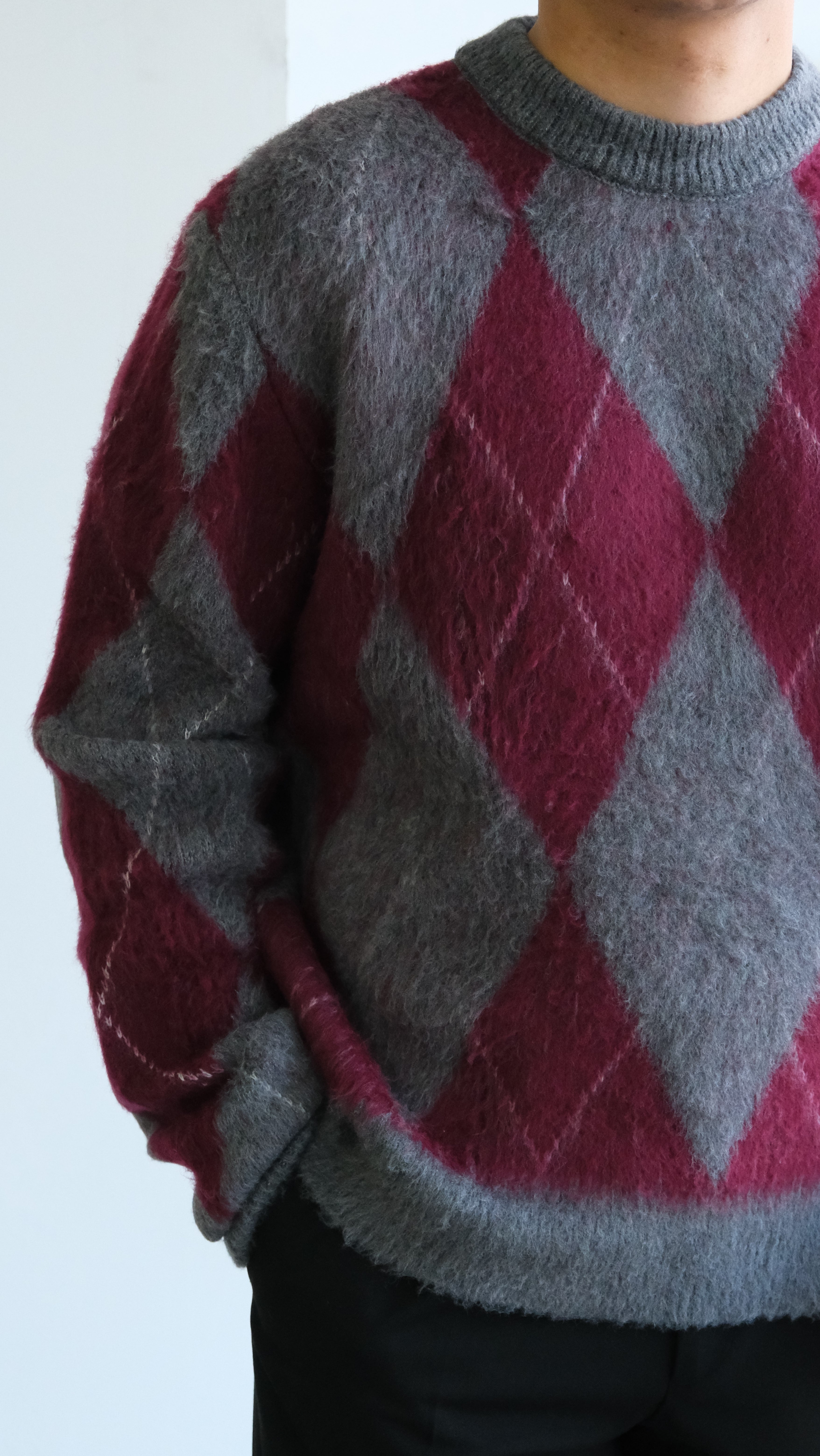 Baklava Desenli Bordo/ Gri Yün Görünümlü Kazak