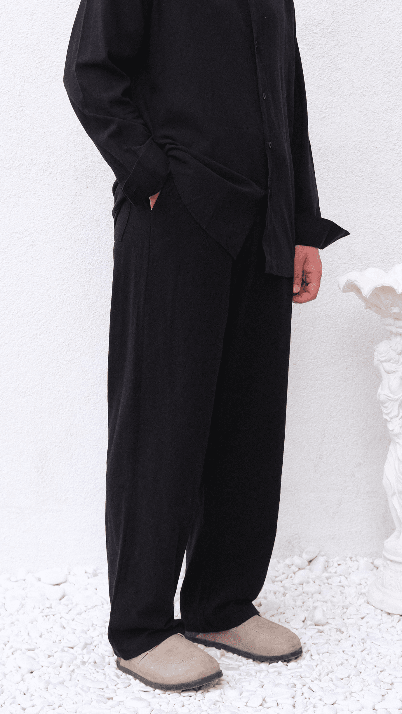 Siyah Bağcıklı Baggy Keten Pantolon