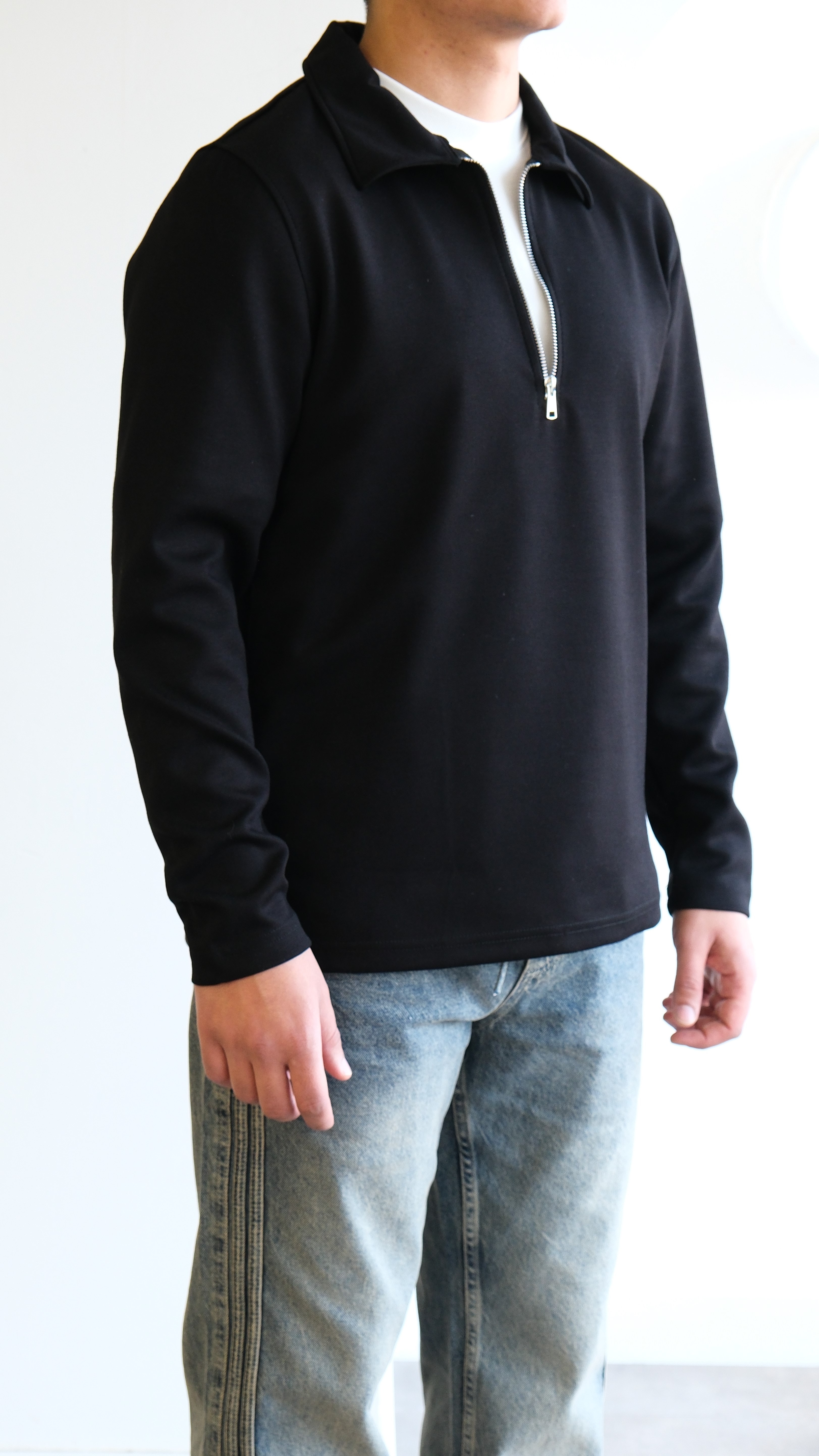 Siyah Fermuarlı Apaş Yaka Scuba Sweat