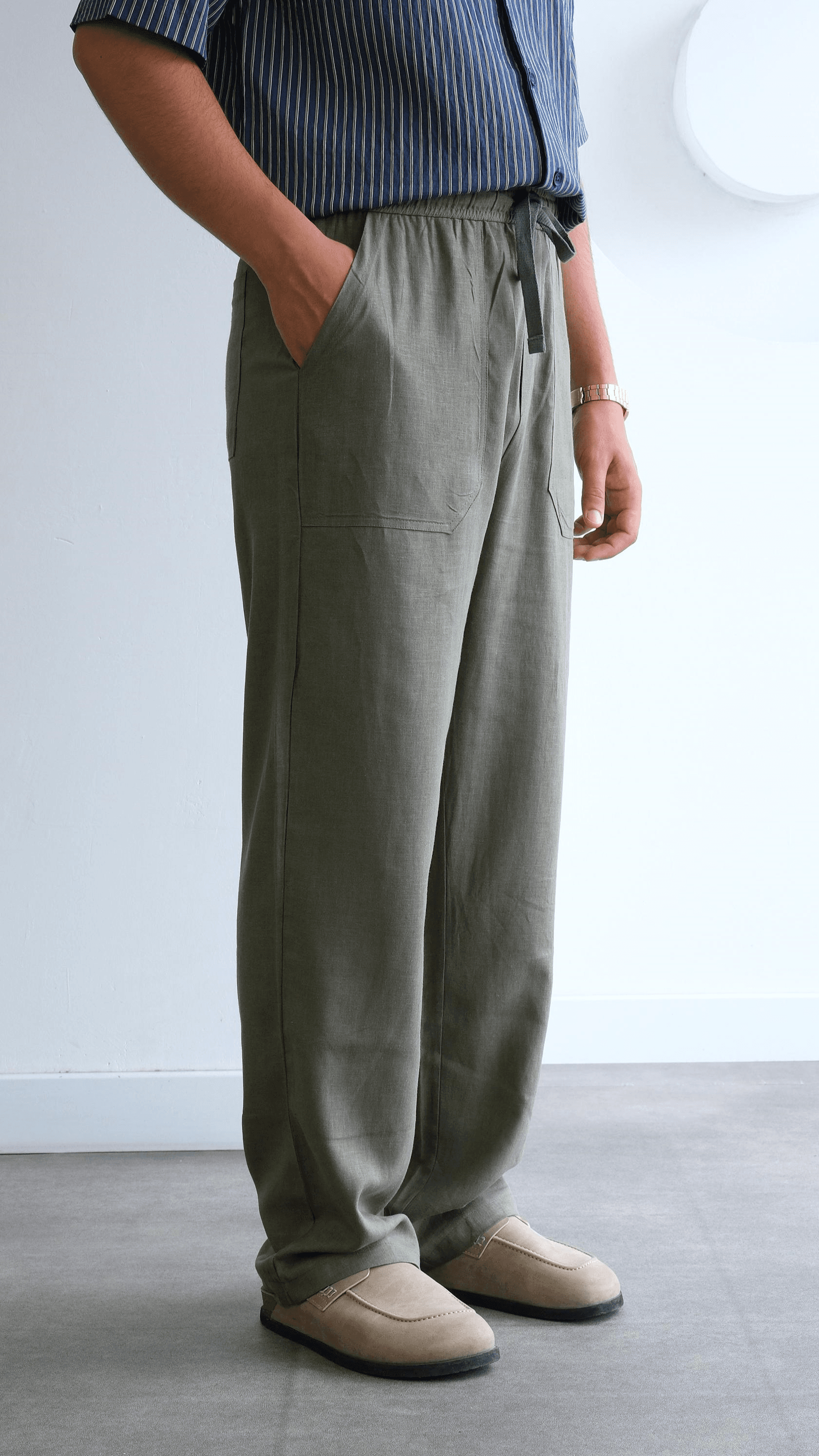 Haki Baggy Keten Pantolon
