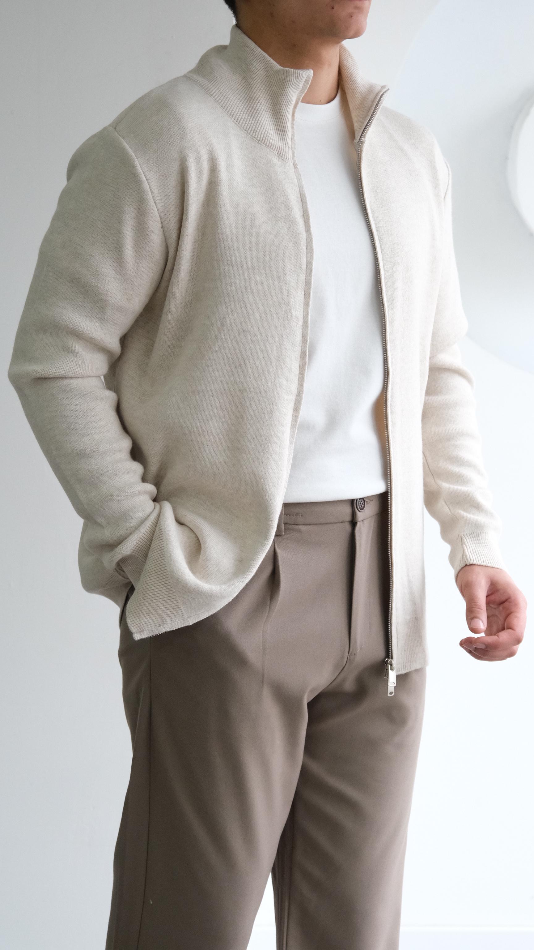 Bej Fermuarlı Örme Hırka