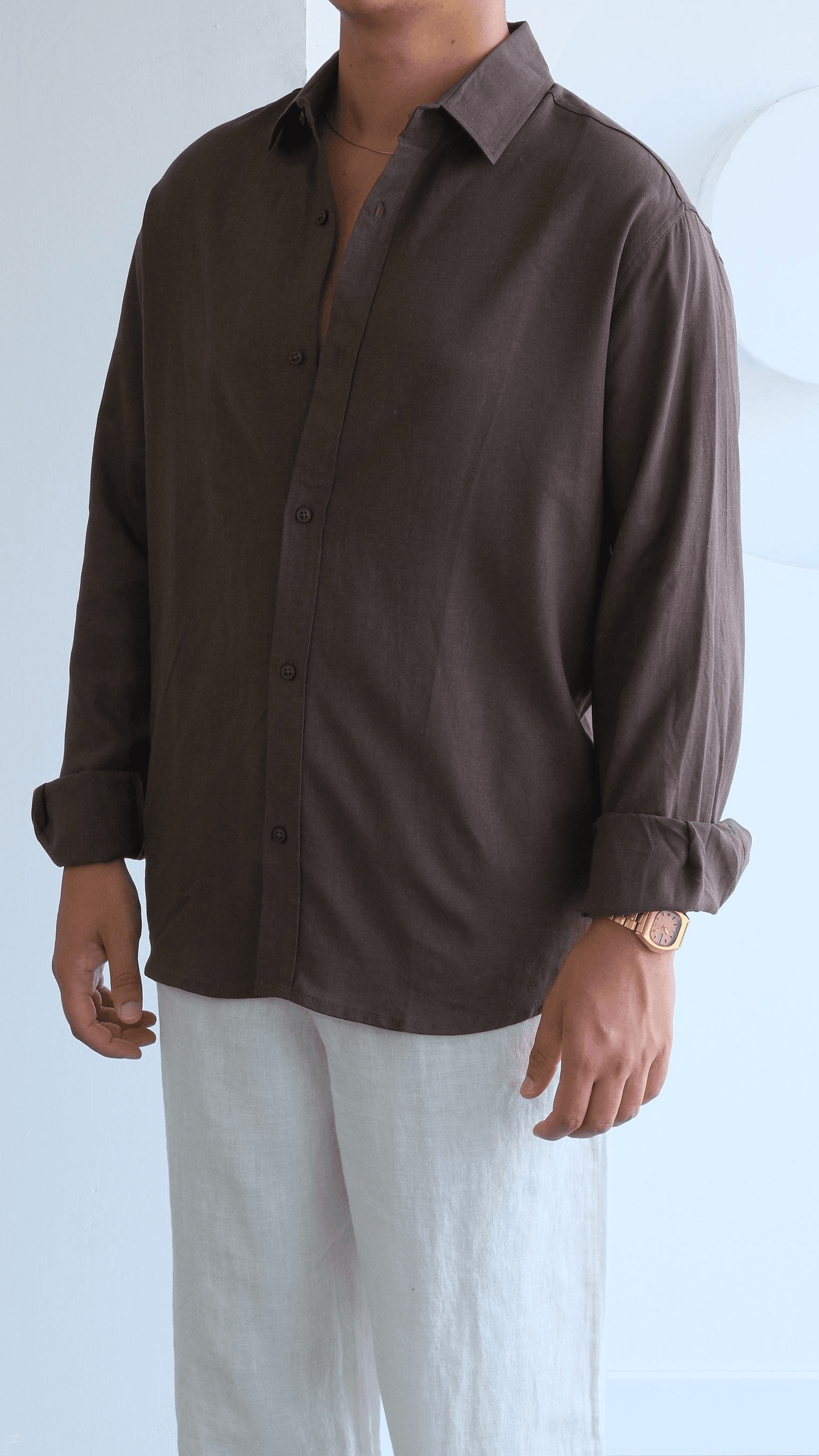 Kahve Oversize Keten Gömlek