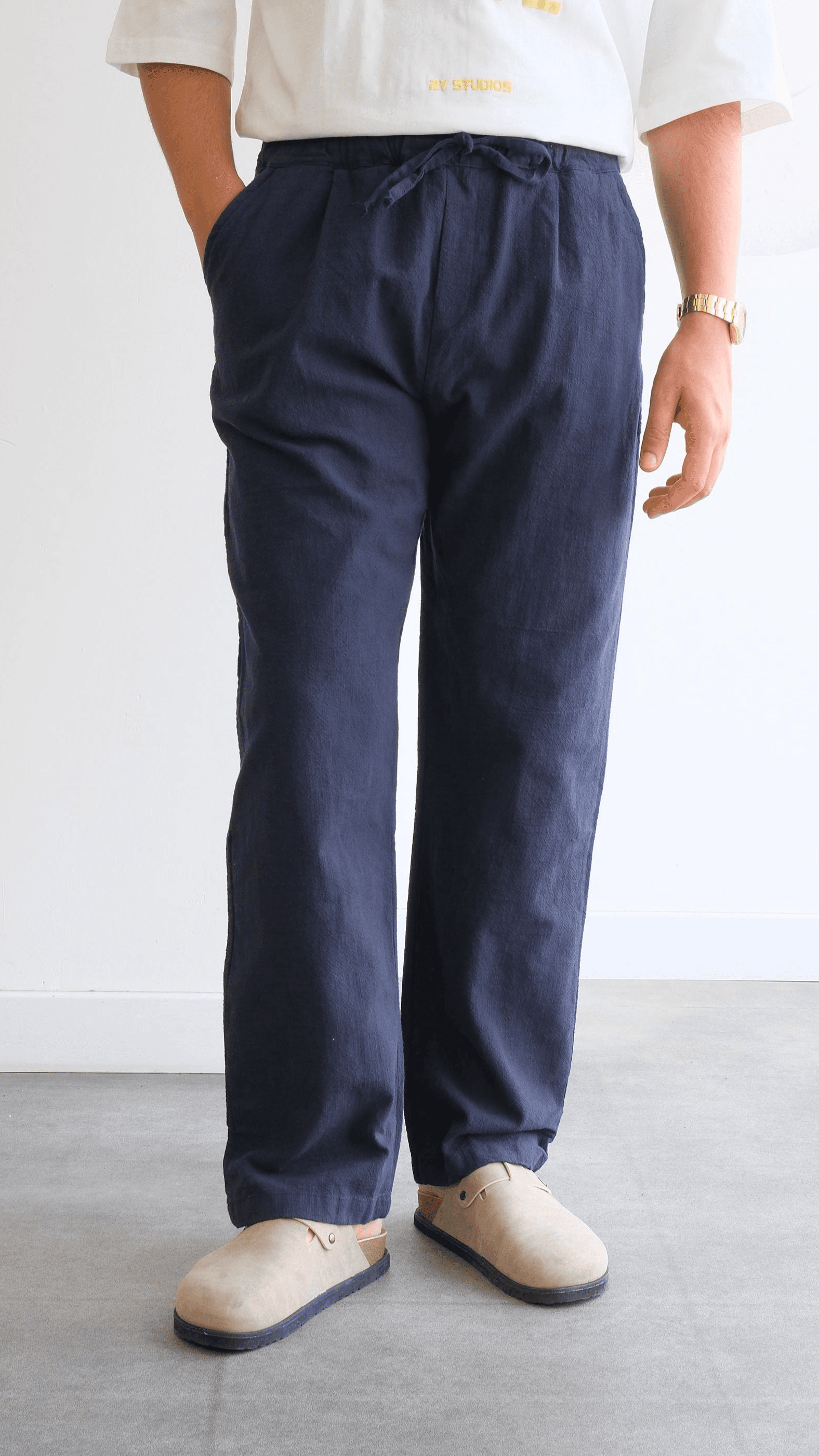 Lacivert Örme Baggy Keten Pantolon