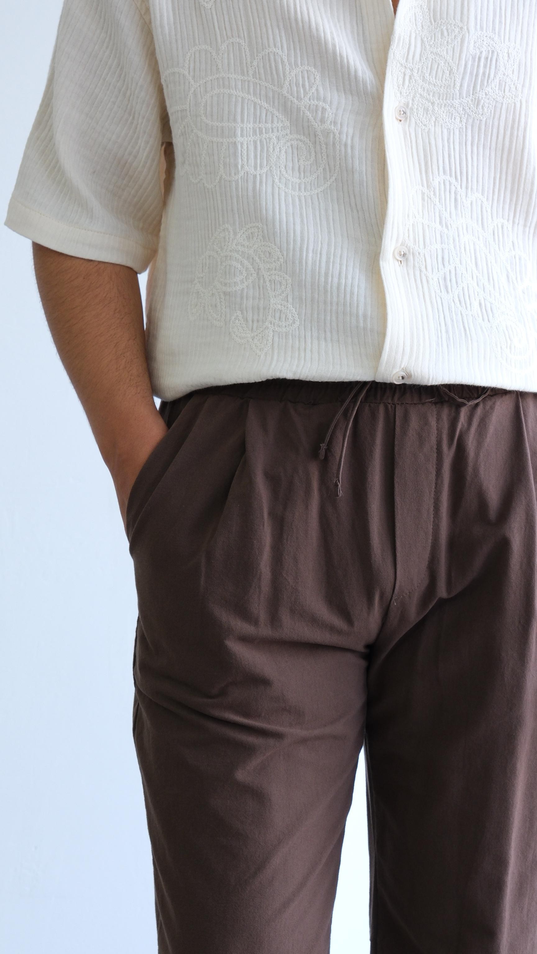 Kahve Yıkamalı Keten Bağcıklı Baggy Pantolon