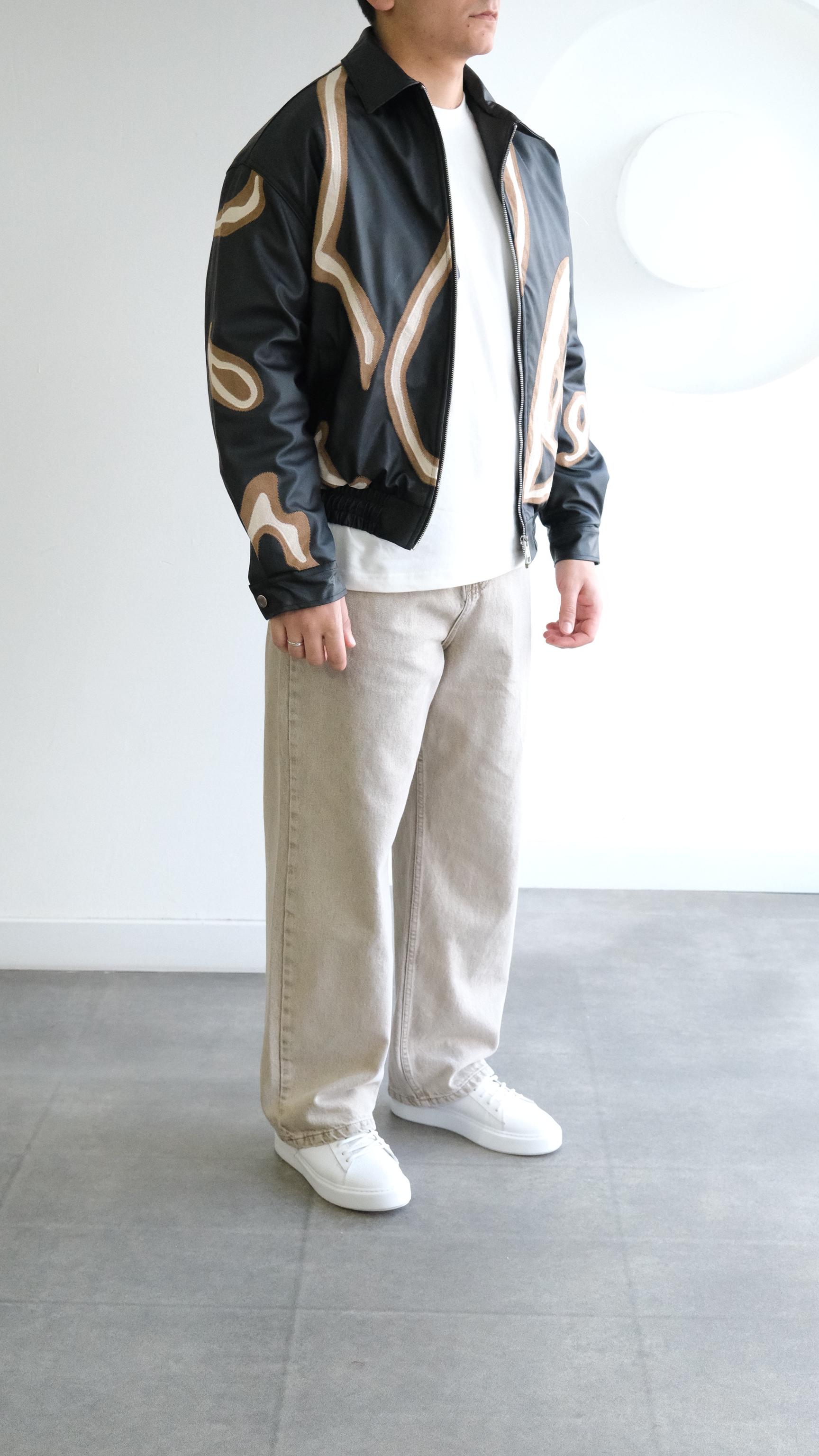 Baskı Detaylı Siyah Bomber Deri Ceket