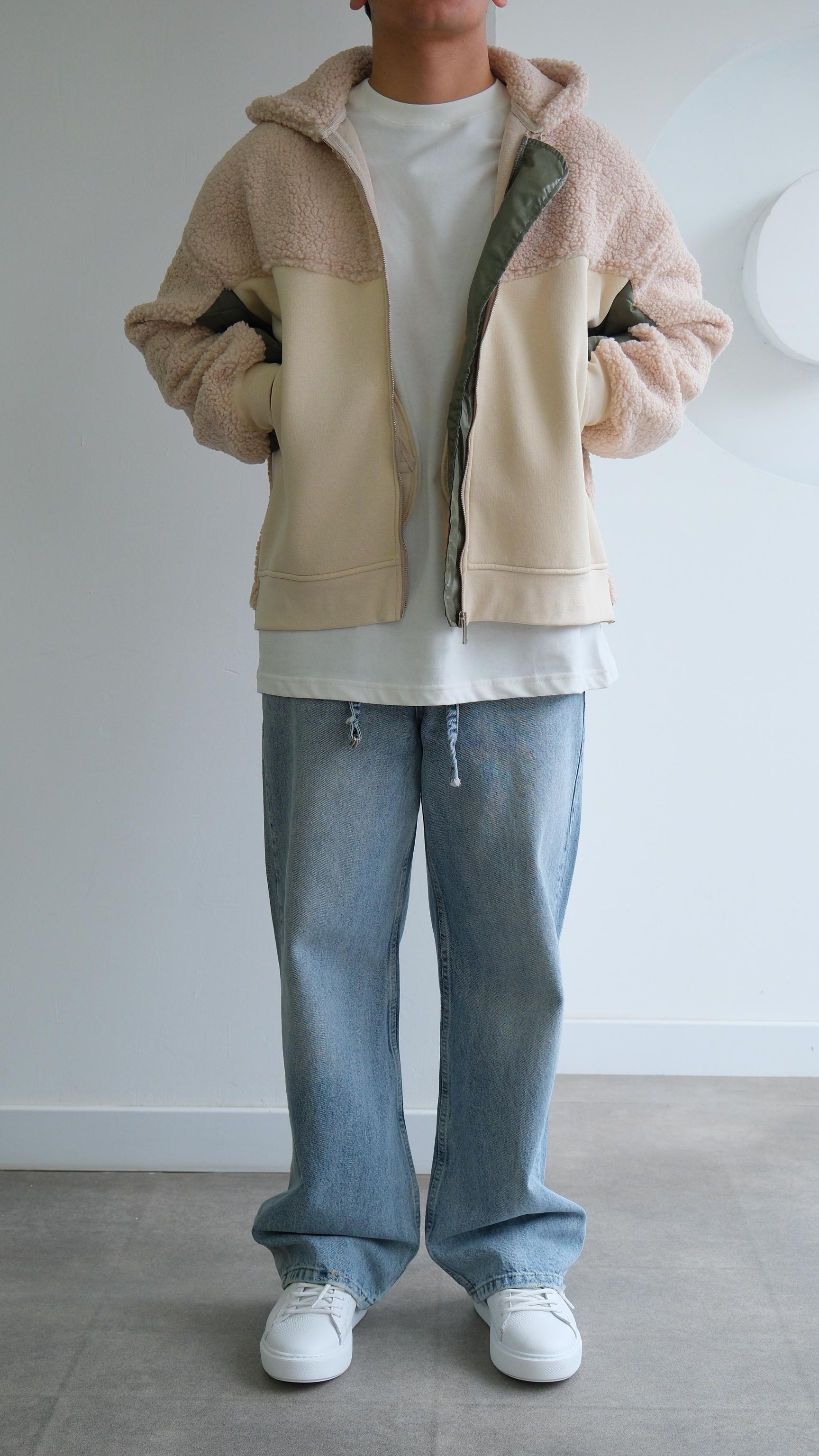 Bej Kapüşonlu Blok Peluşlu Sweatshirt