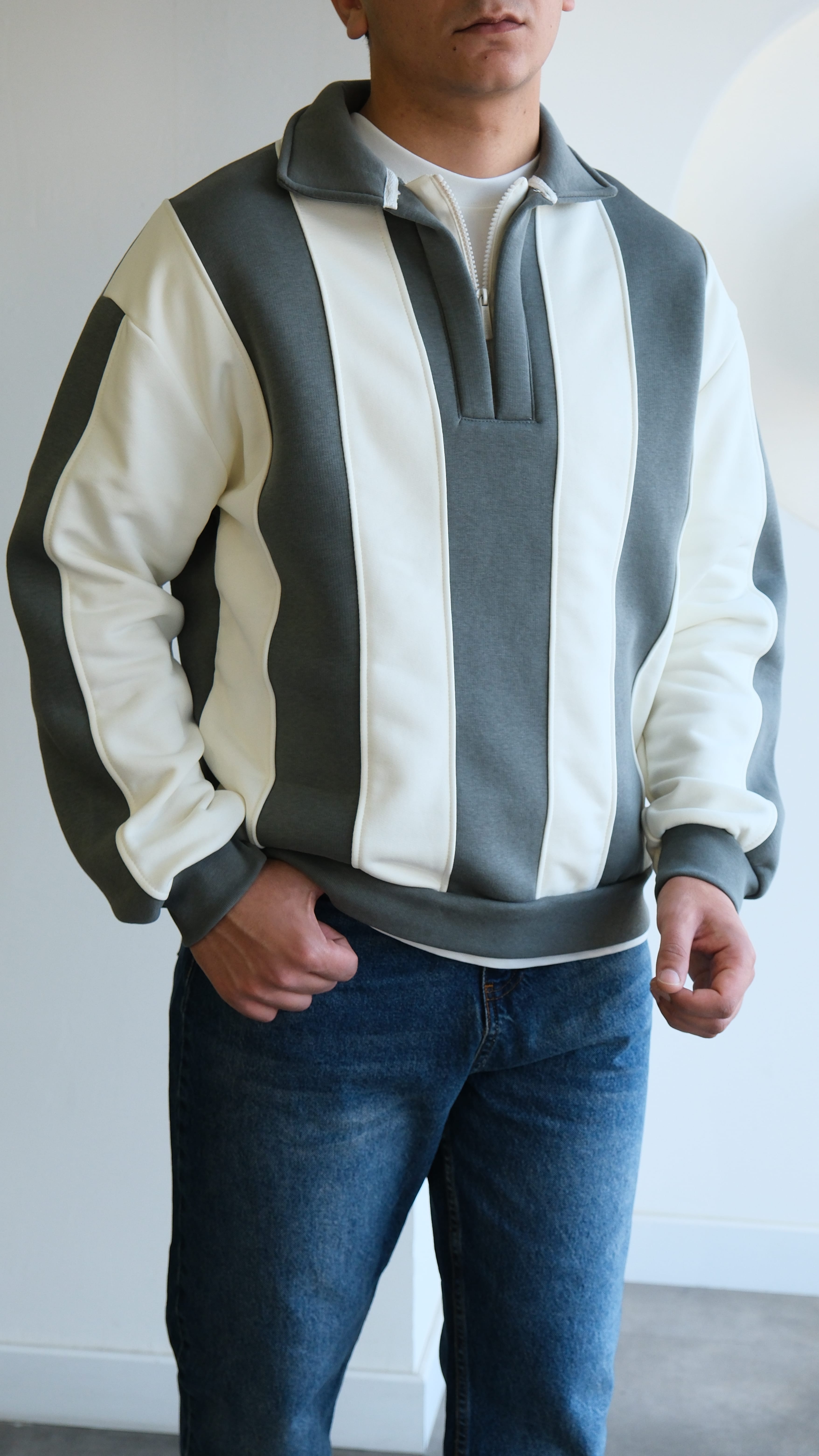 Haki/ Ekru Şeritli Polo Yaka Sweatshirt