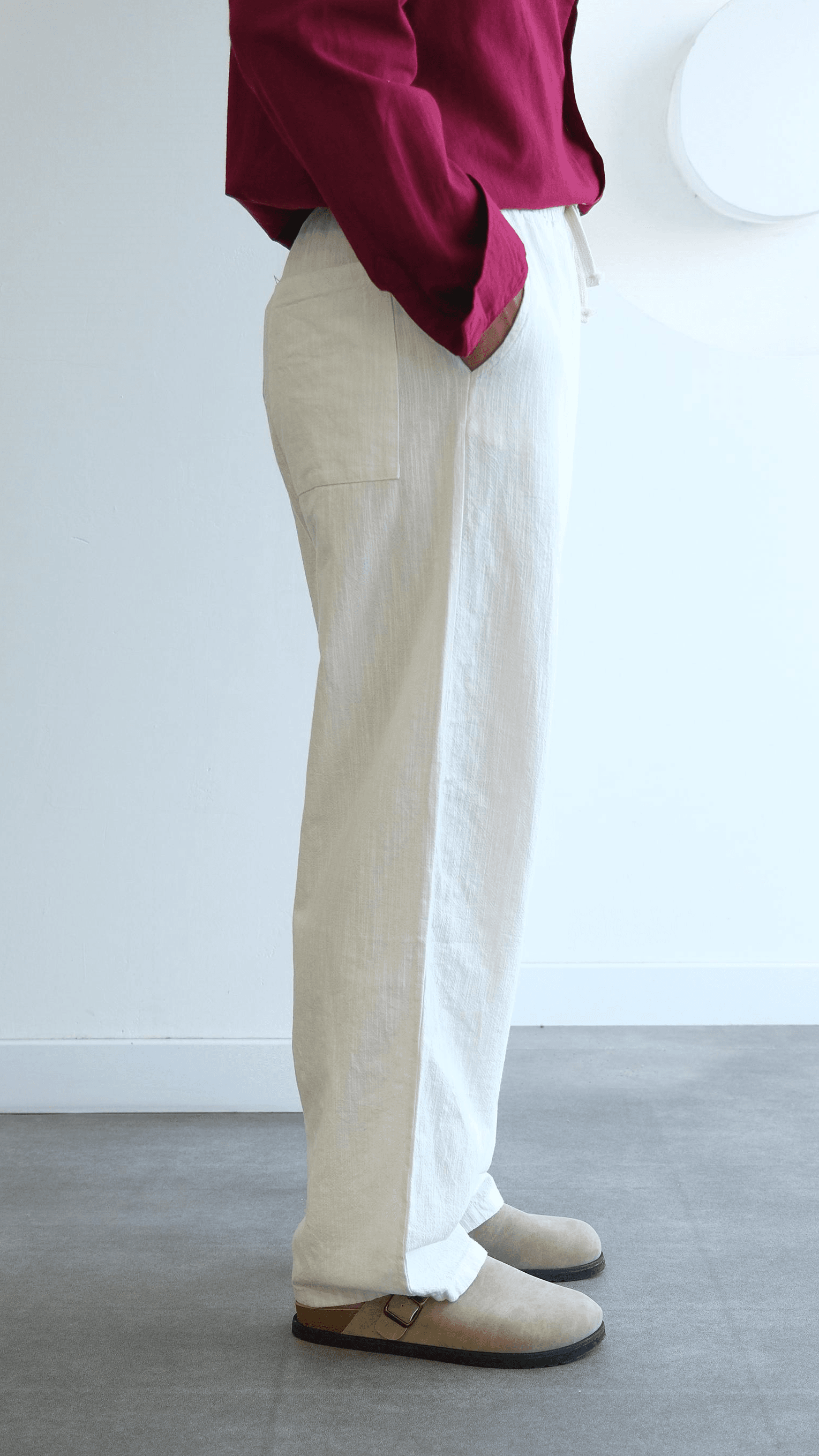 Beyaz Baggy Keten Bağcıklı Pantolon