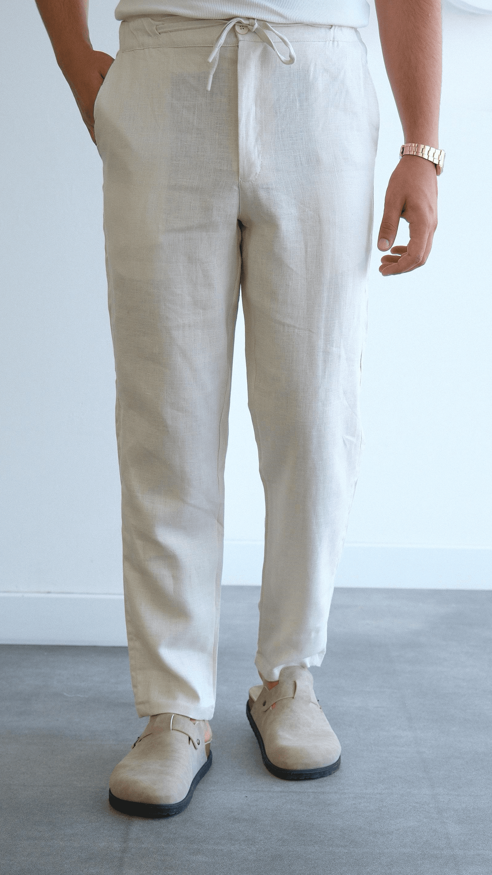 Regular Fit Ekru Keten Pantolon