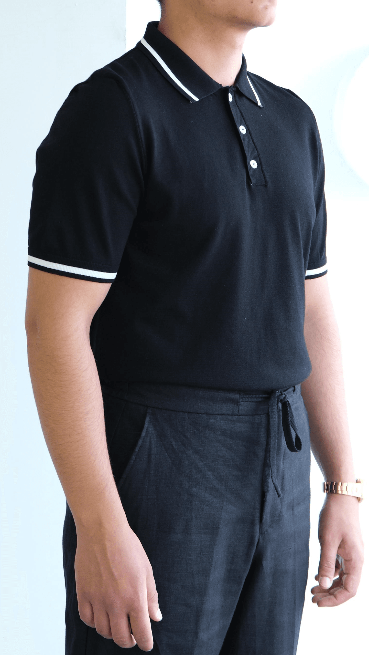 Siyah Polo Yaka Şeritli Triko Tshirt