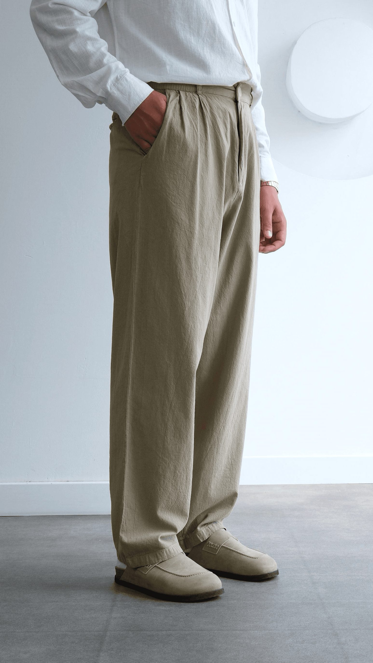 Haki Yıkamalı Keten Baggy Pantolon