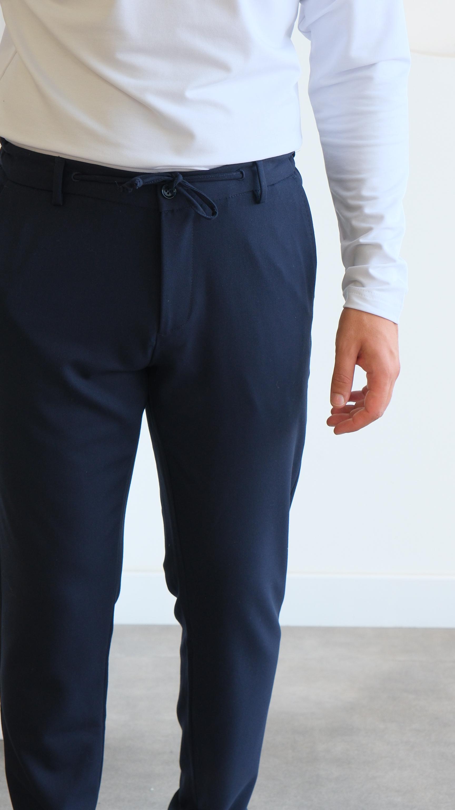 Lacivert Regular Belden Bağcıklı Kumaş Pantolon
