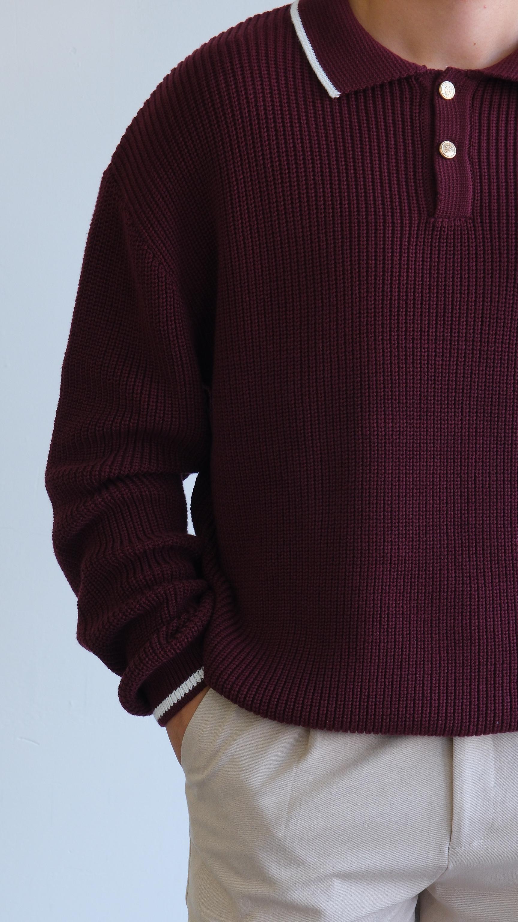 Bordo Örme Polo Yaka Şeritli Kazak