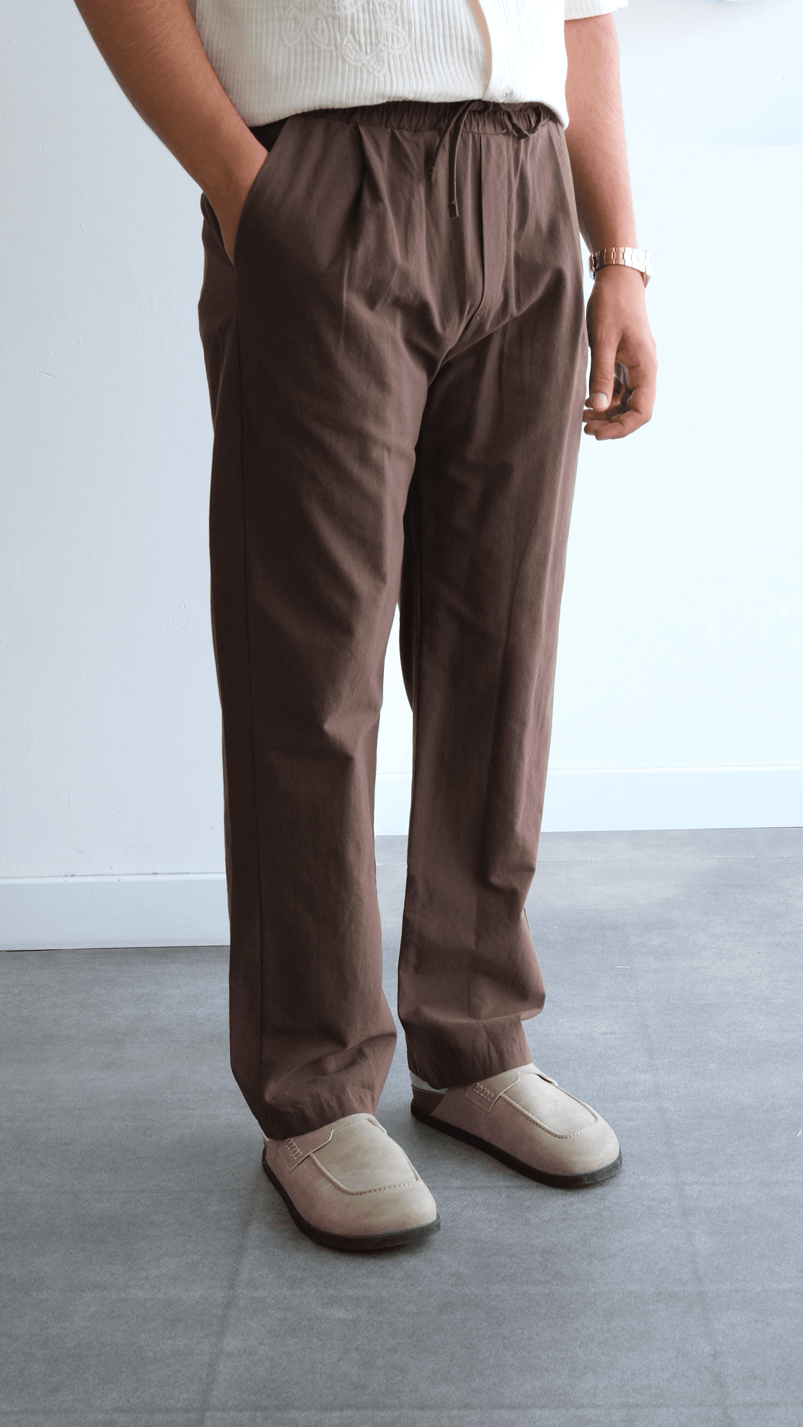 Kahve Yıkamalı Keten Bağcıklı Baggy Pantolon