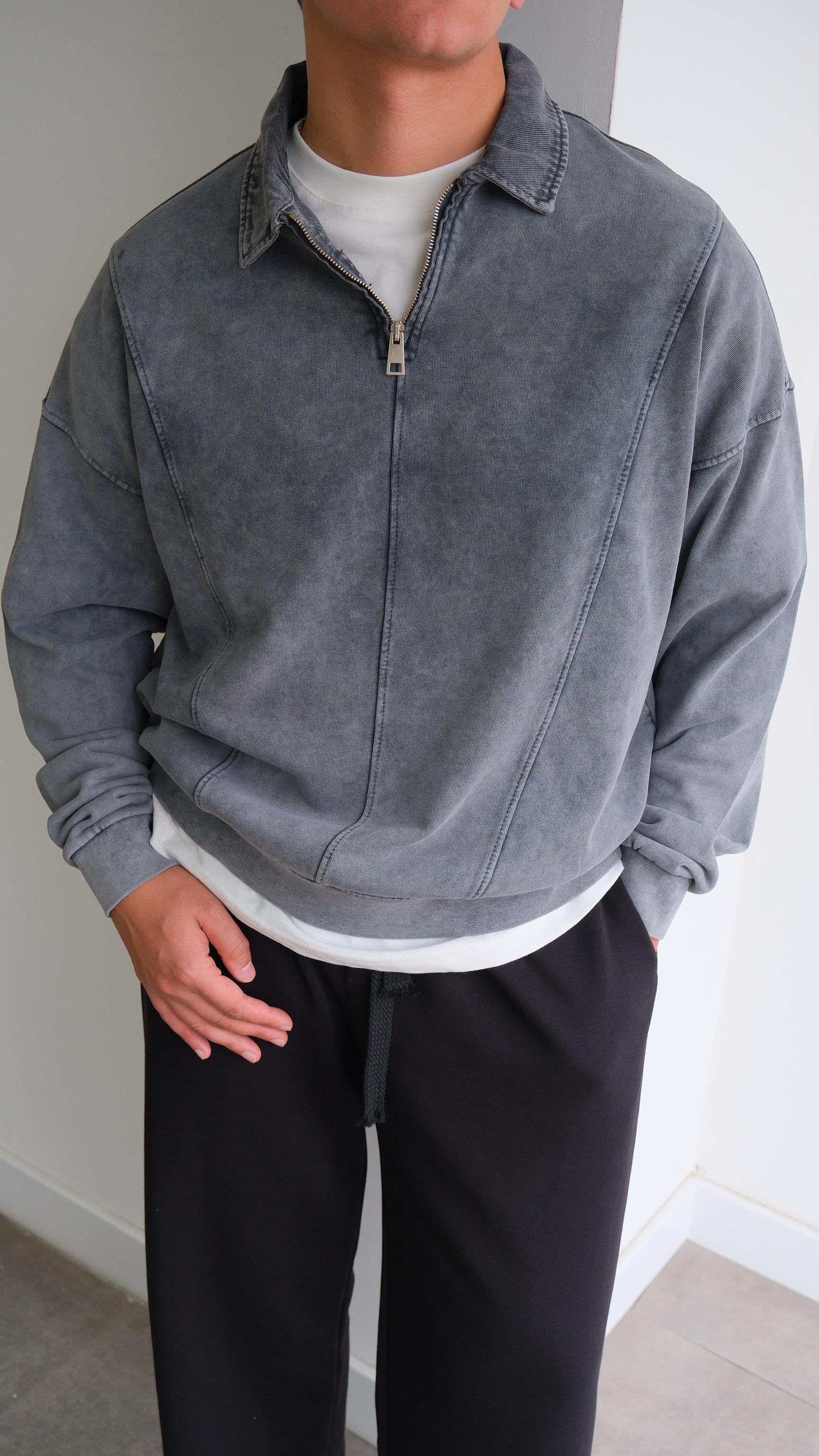 Yıkamalı Gri Fermuarlı Polo Yaka Sweat