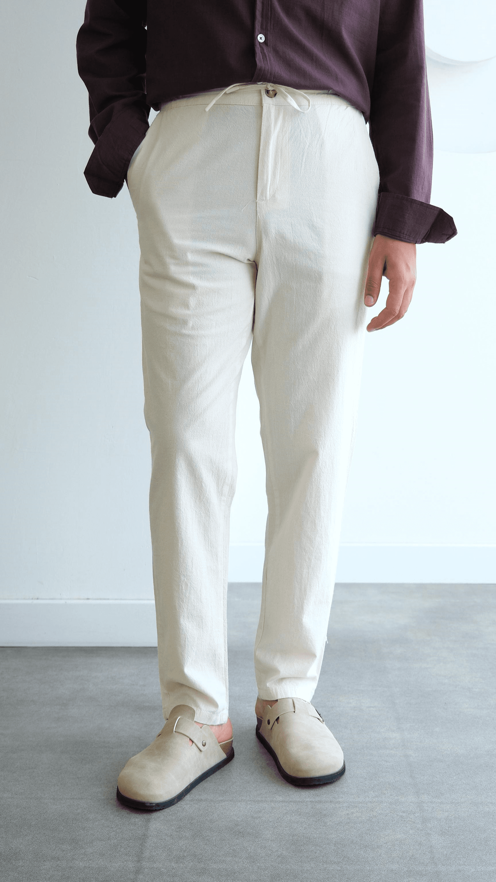 Bej Regular Bağcıklı Keten Pantolon