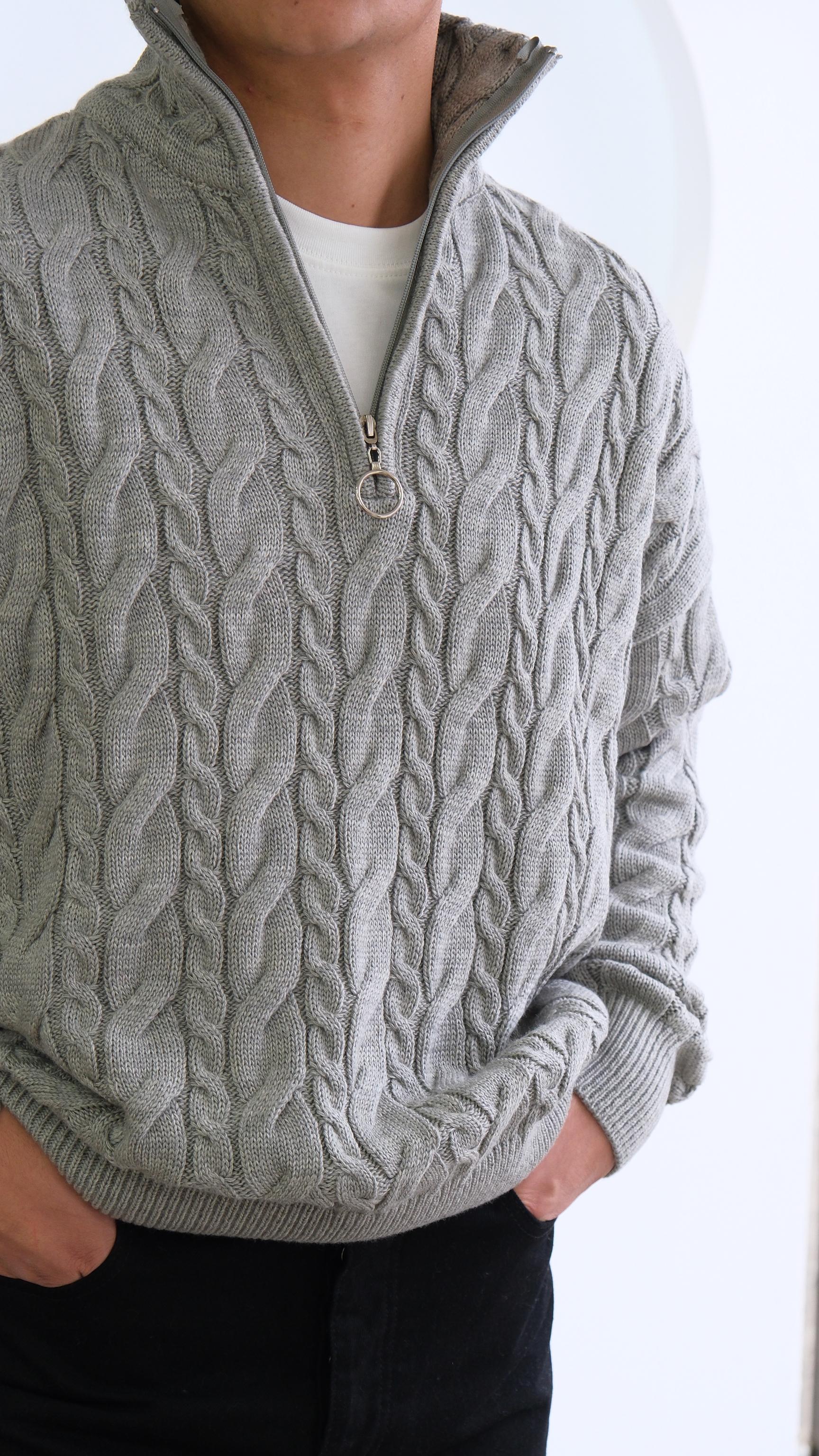 Gri Balıkçı Yaka Saç Örgü Kazak
