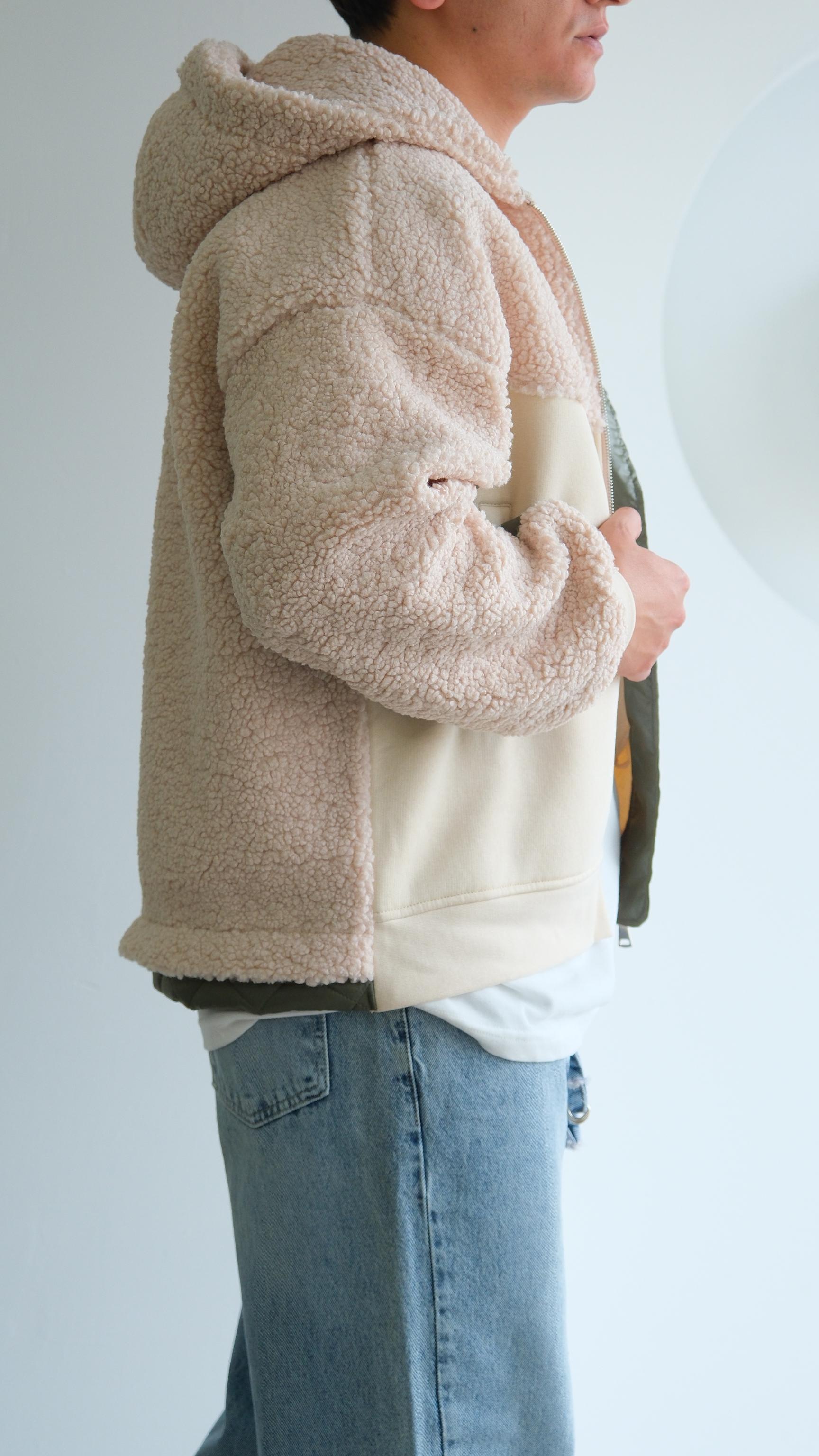 Bej Kapüşonlu Blok Peluşlu Sweatshirt