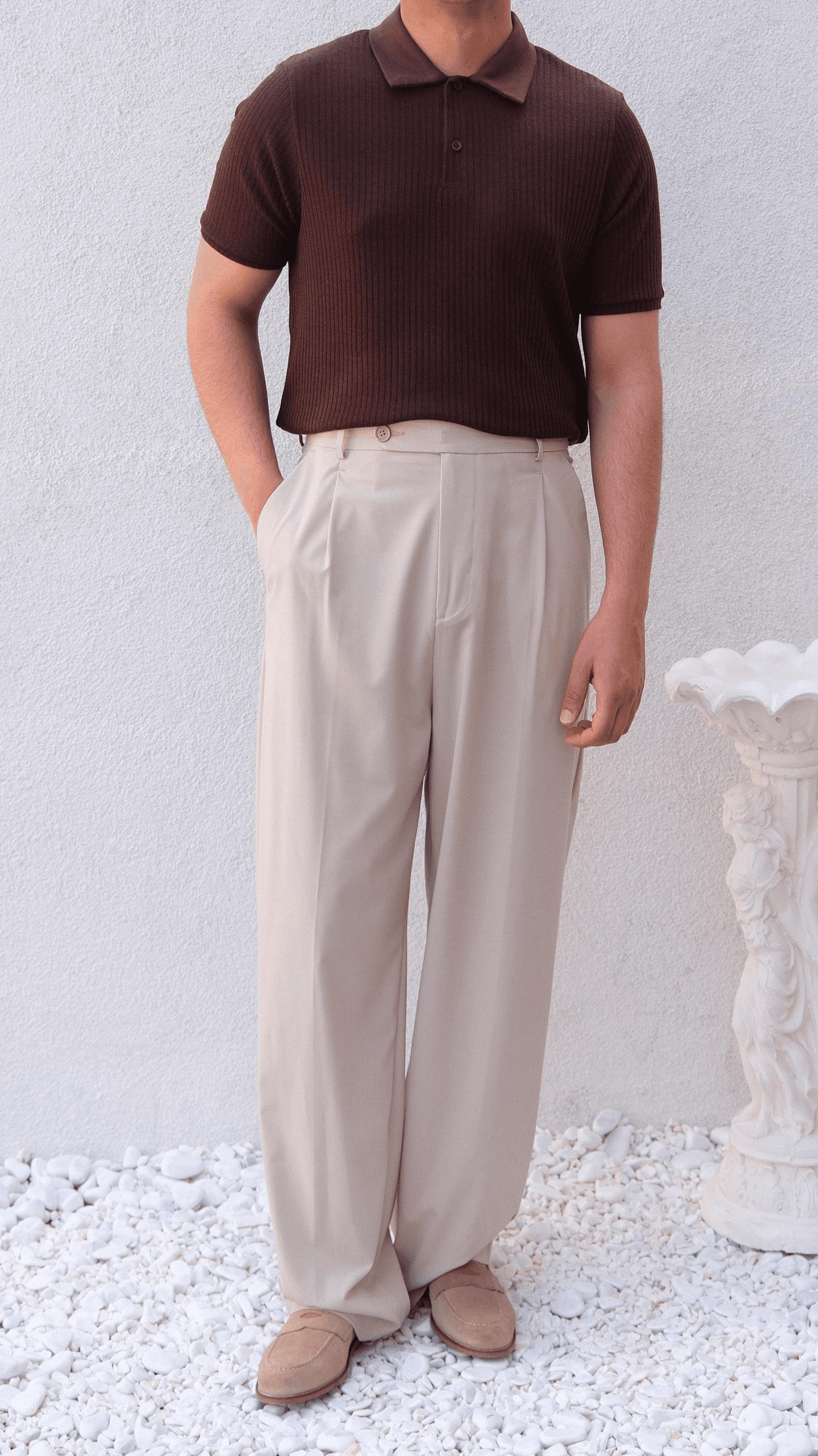 Kahverengi Polo Yaka Şeritli Triko 