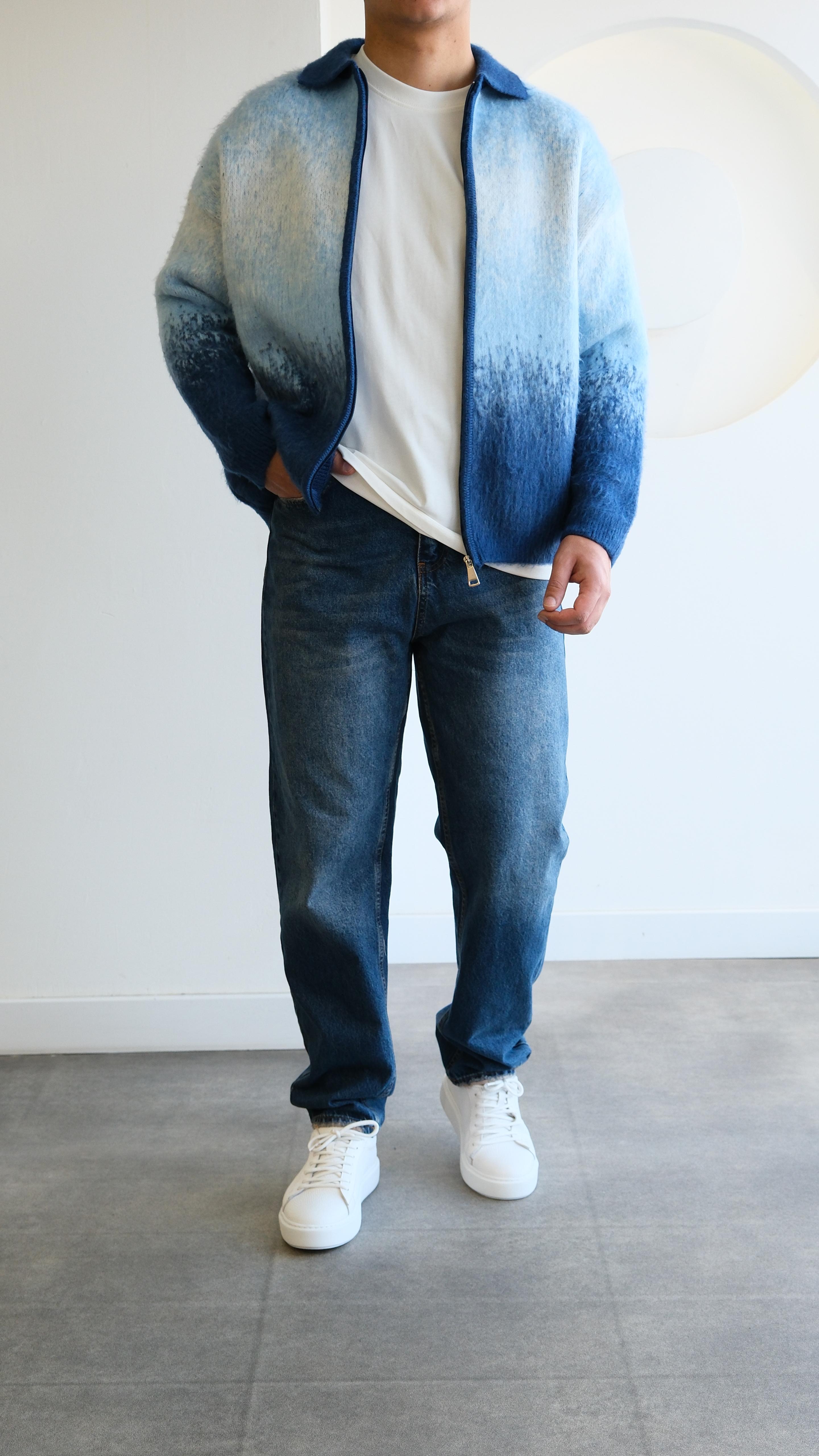 Yün Görünümlü Mavi Kontrast Kalın Hırka