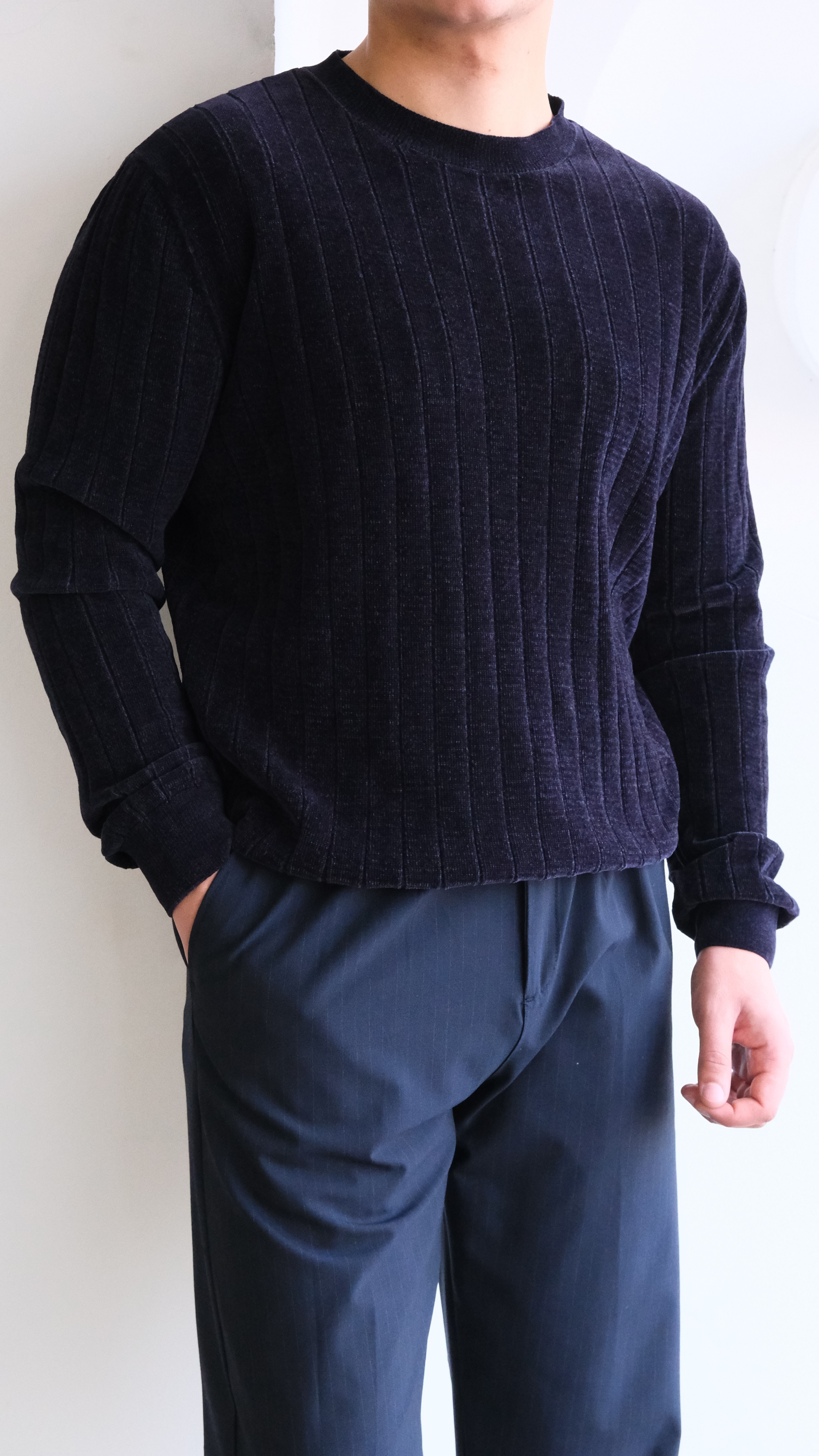 Jakarlı Şeritli Lacivert Simit Yaka Kazak