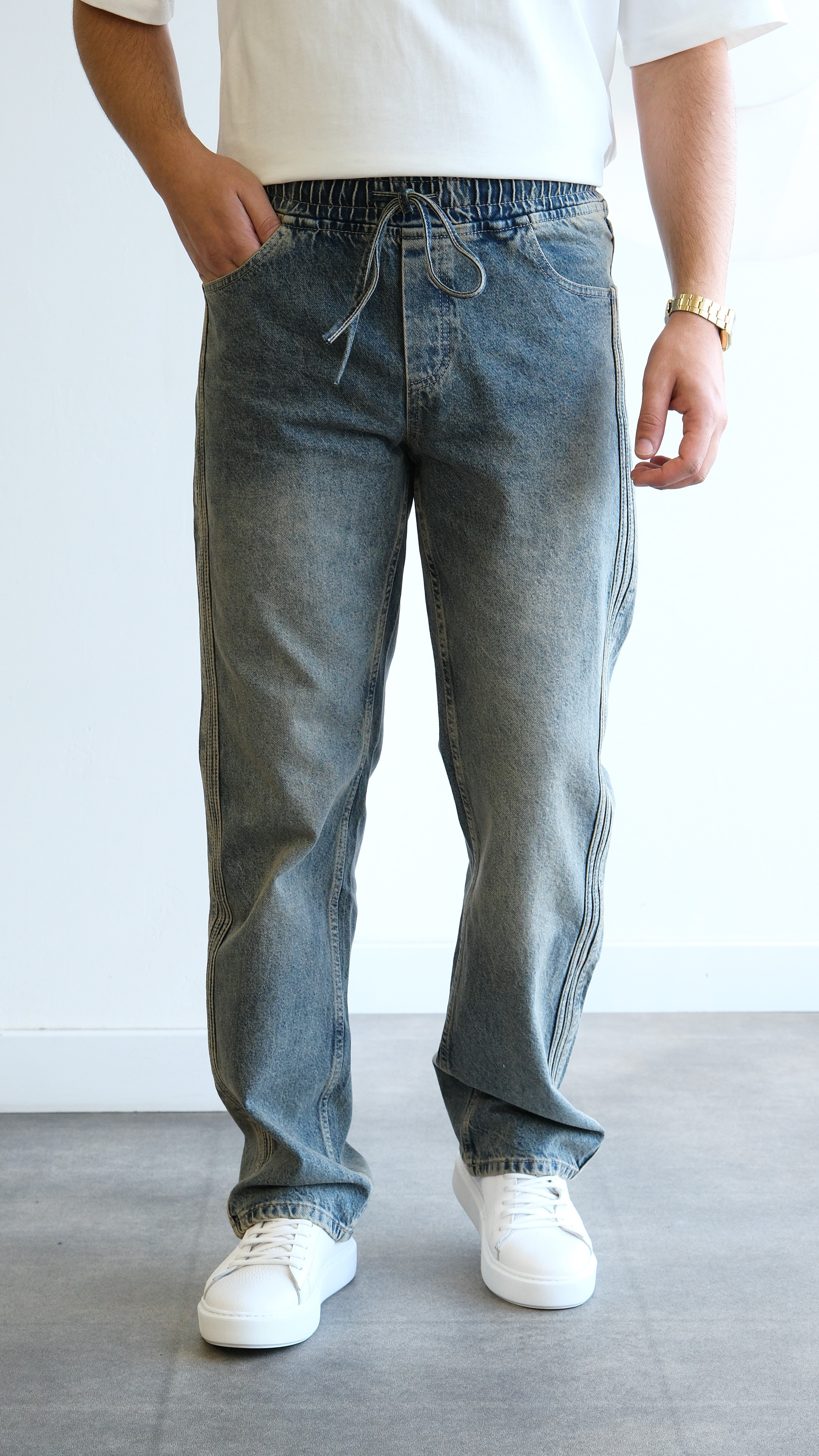 Soluk Efektli Baggy Belden Bağlamalı Jean Pantolon