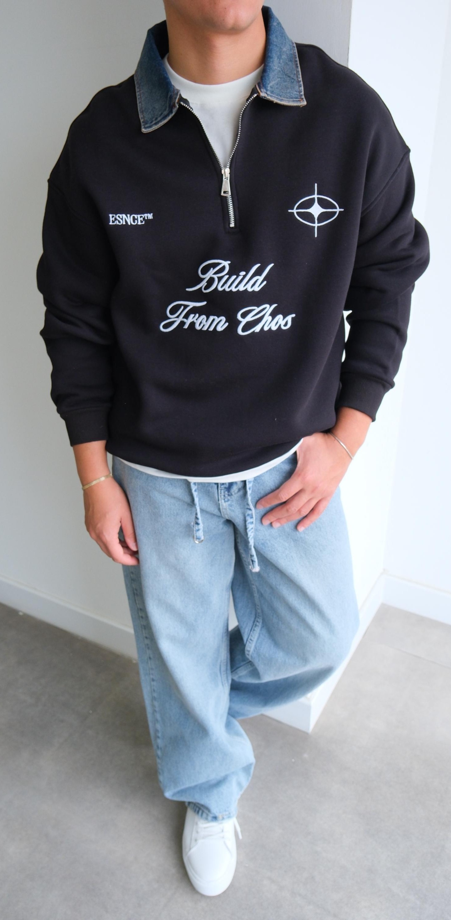 Fermuarlı Kot Polo Yaka Siyah Sweat