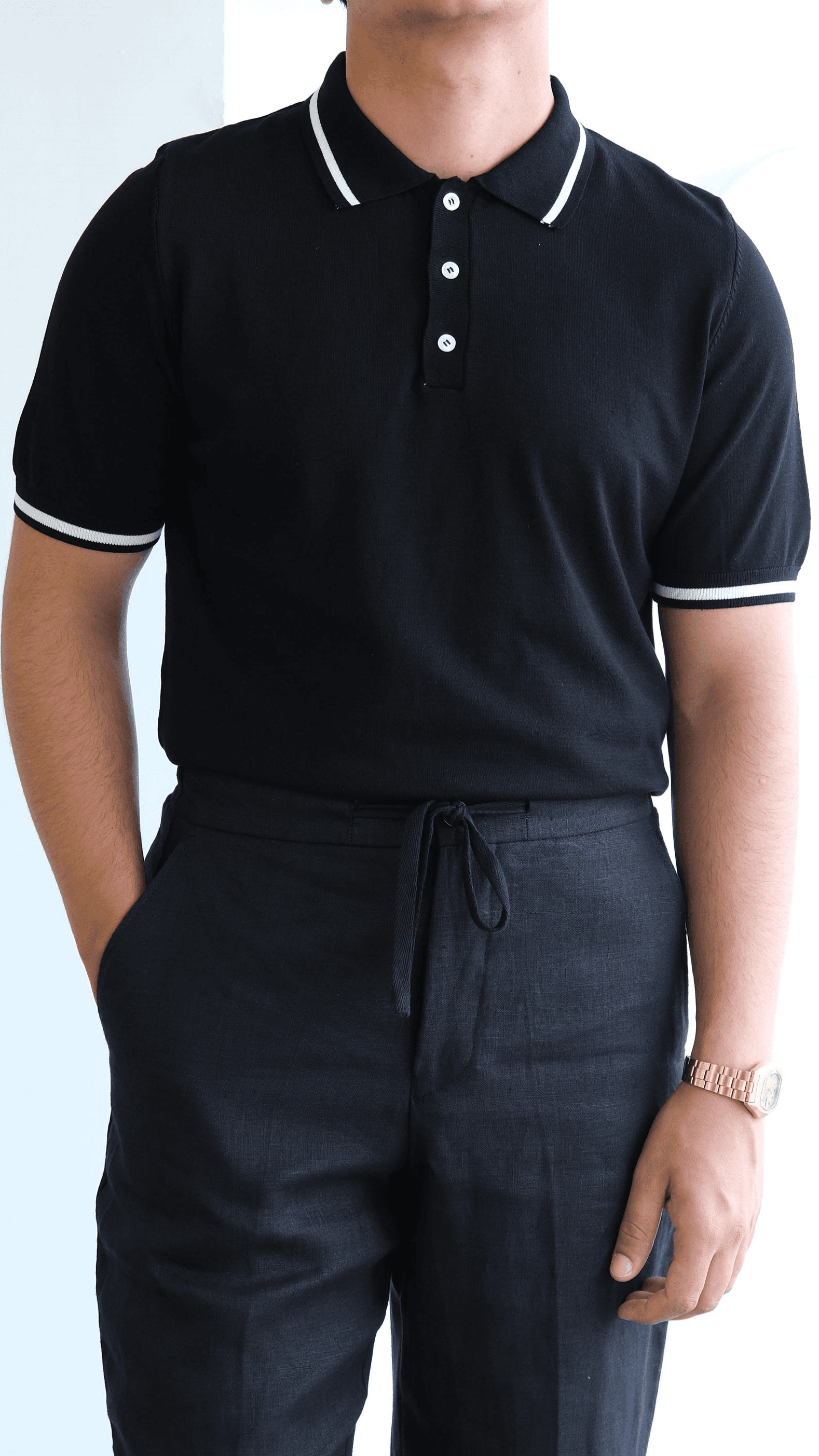 Siyah Polo Yaka Şeritli Triko Tshirt