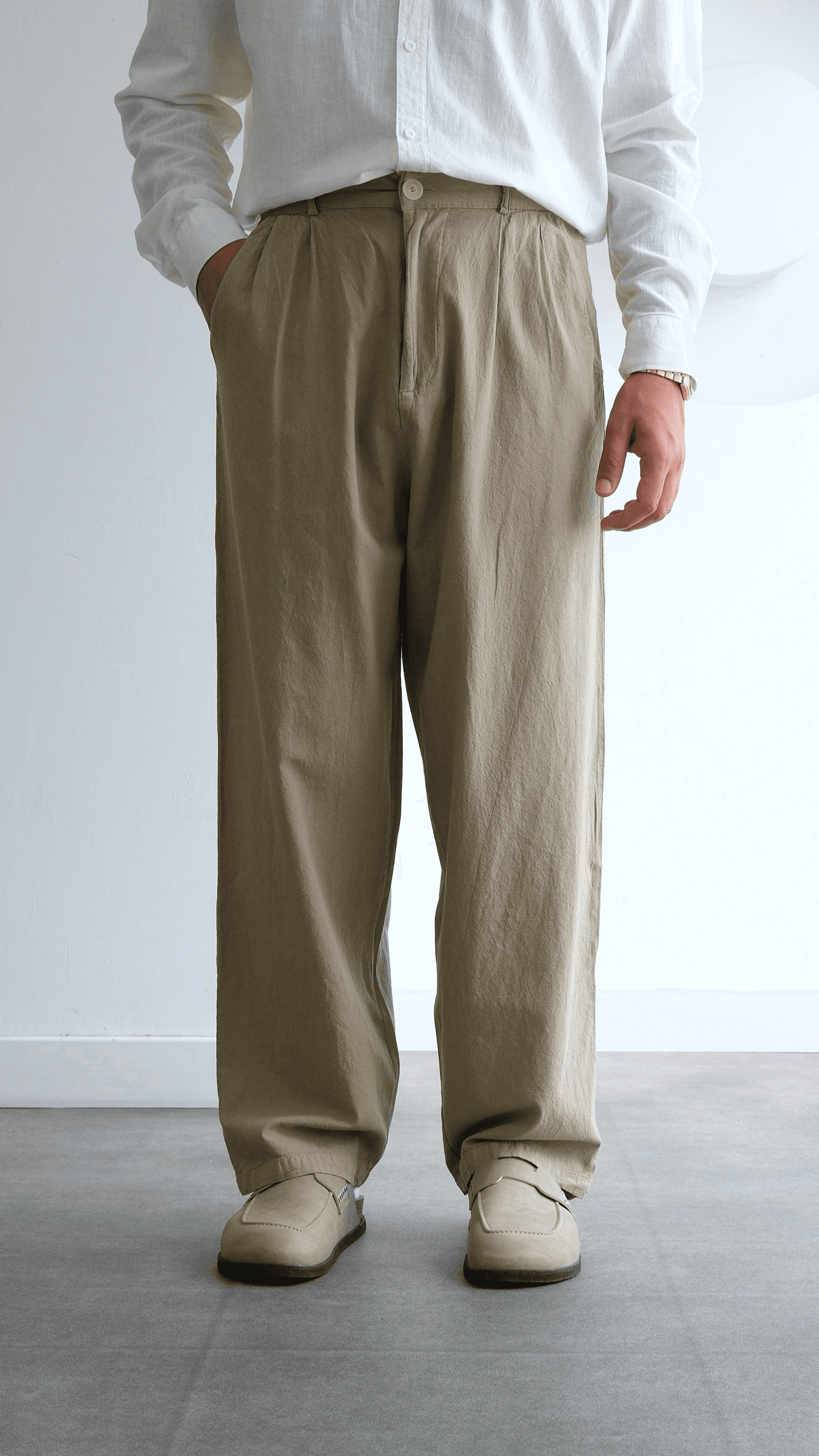 Haki Yıkamalı Keten Baggy Pantolon