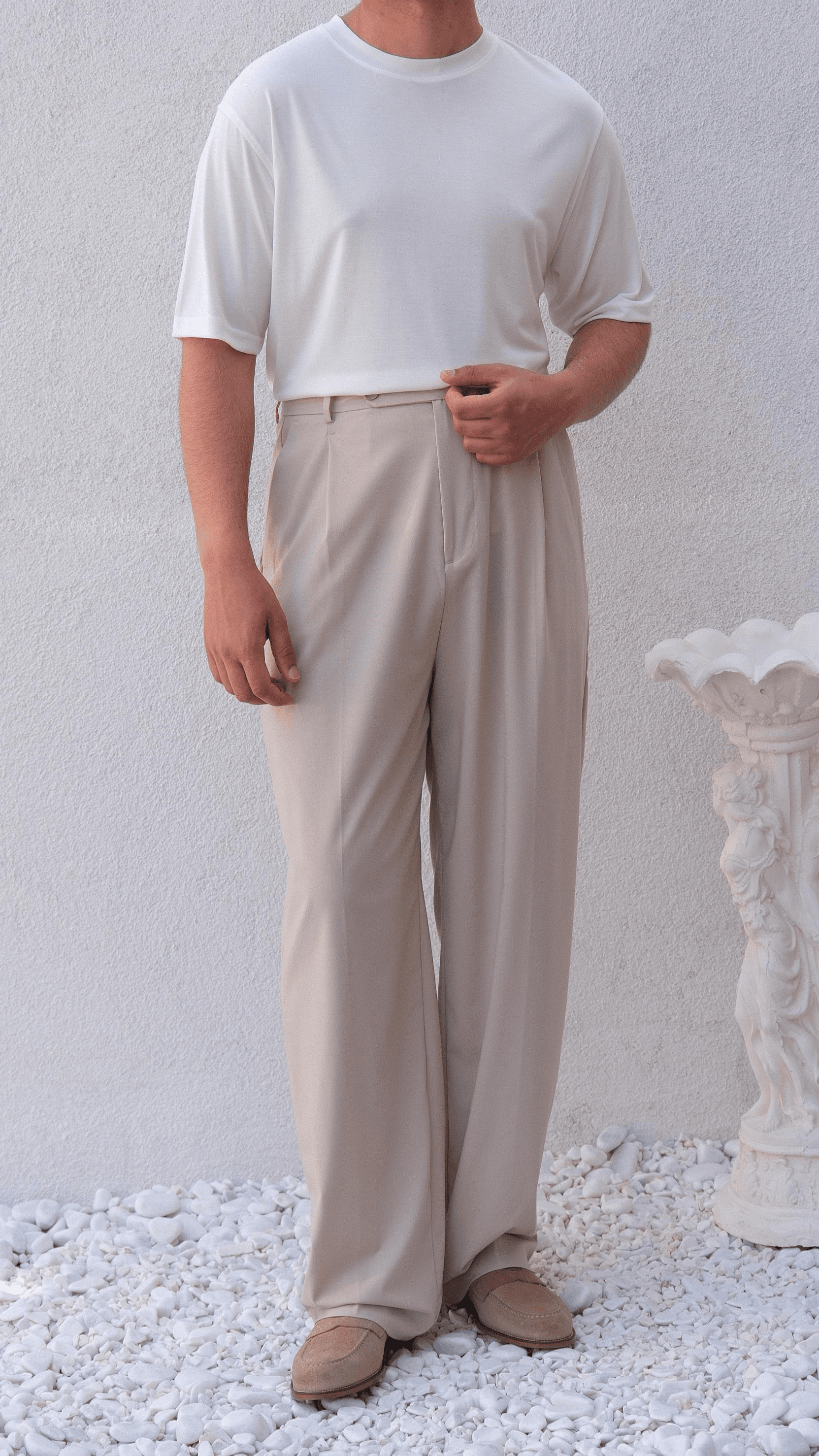 Ekru Baggy Çift Pileli Kumaş Pantolon