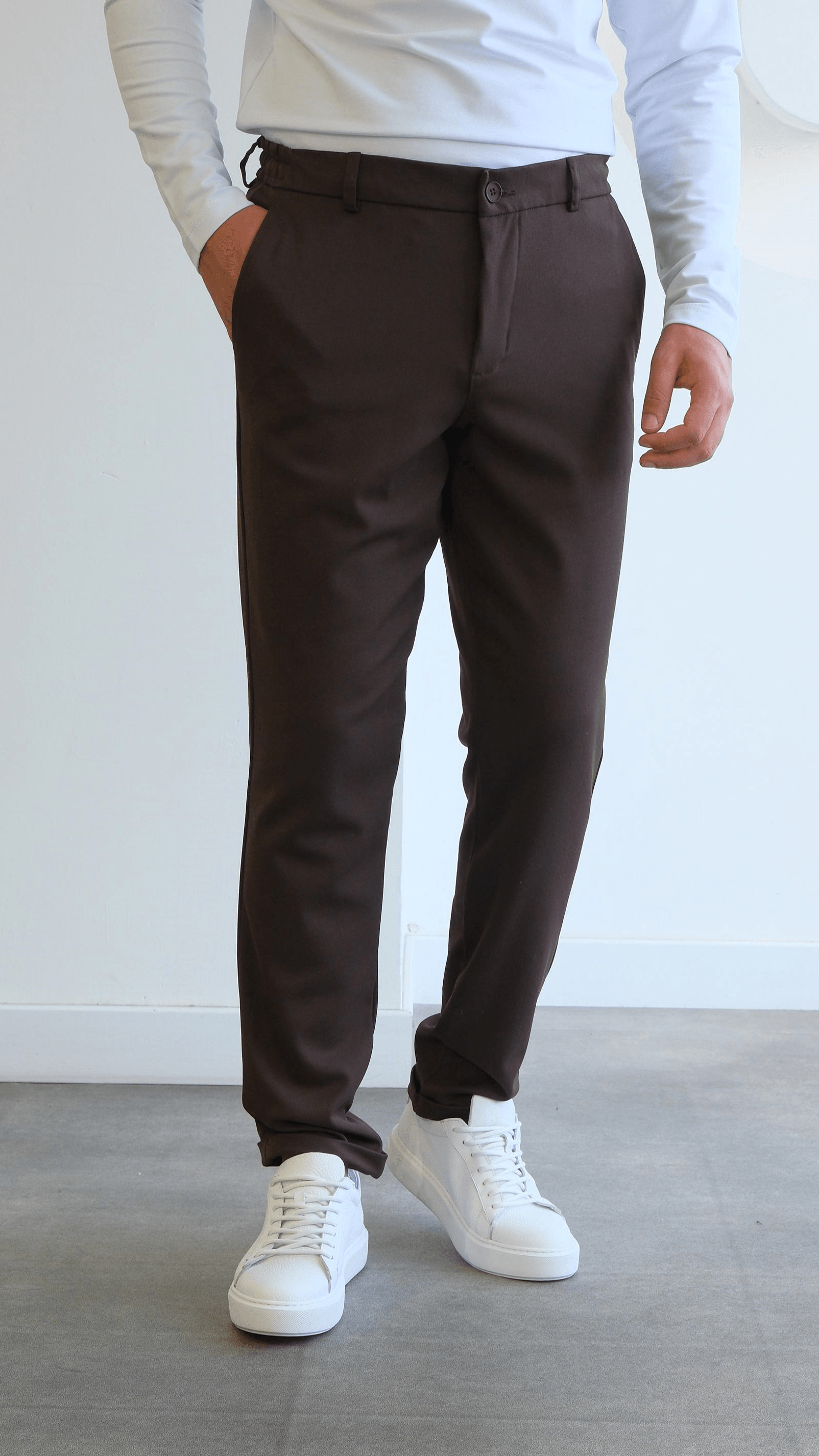 Kahverengi Regular Belden Bağcıklı Kumaş Pantolon