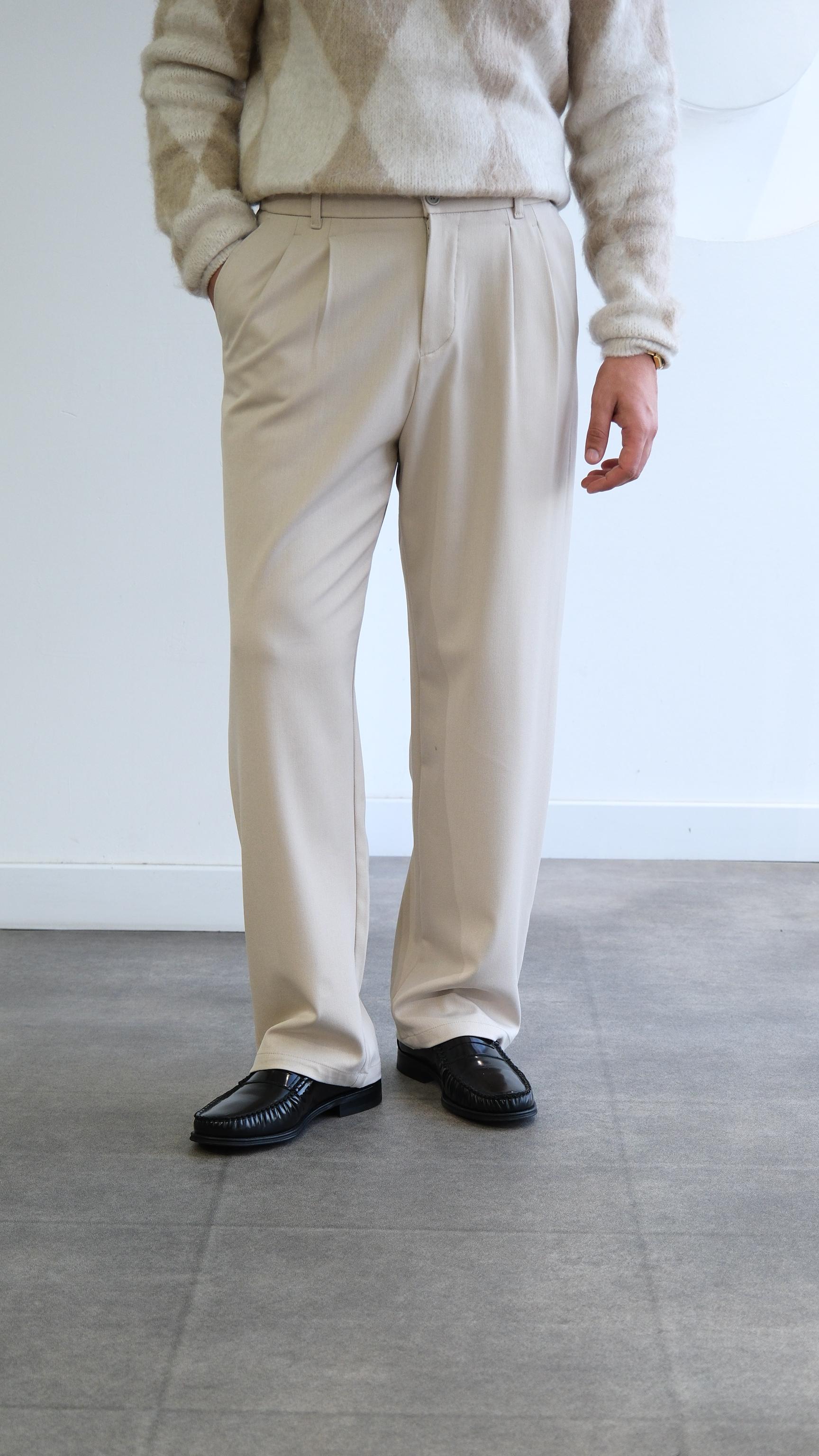 Bej Pileli Baggy Kumaş Pantolon