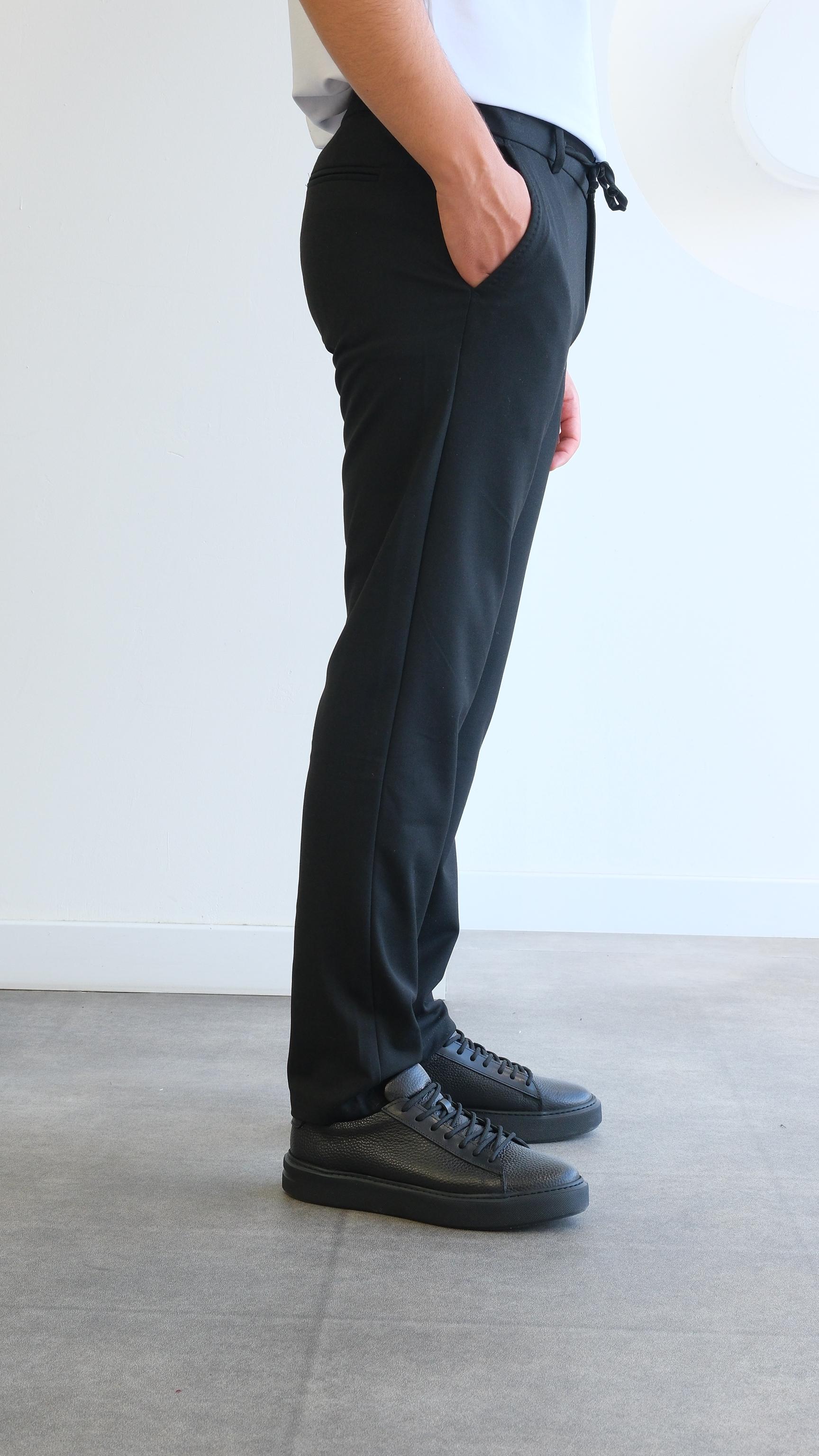 Siyah Regular Belden Bağcıklı Kumaş Pantolon