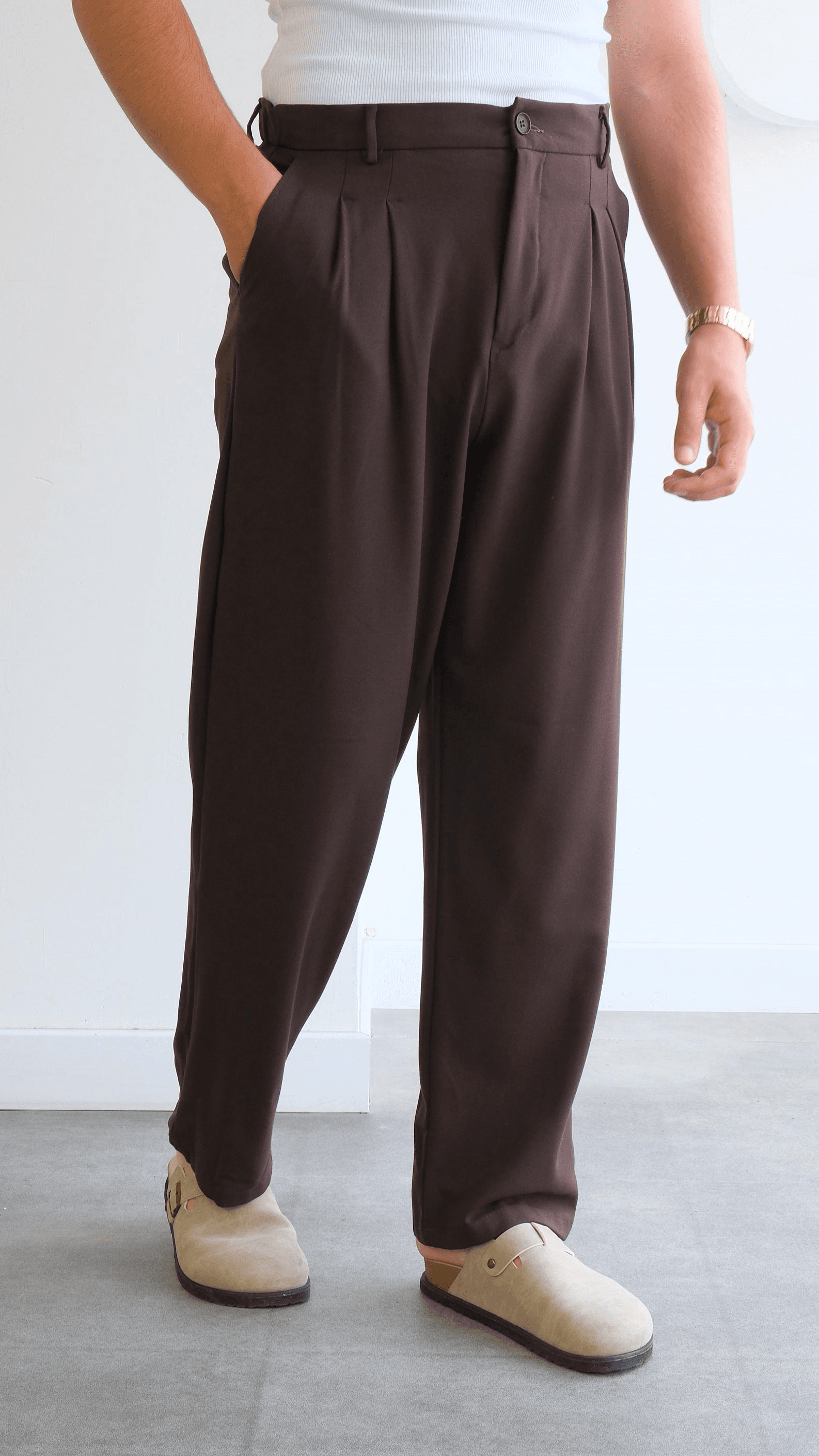 Acı Kahve Pileli Baggy Kumaş Pantolon
