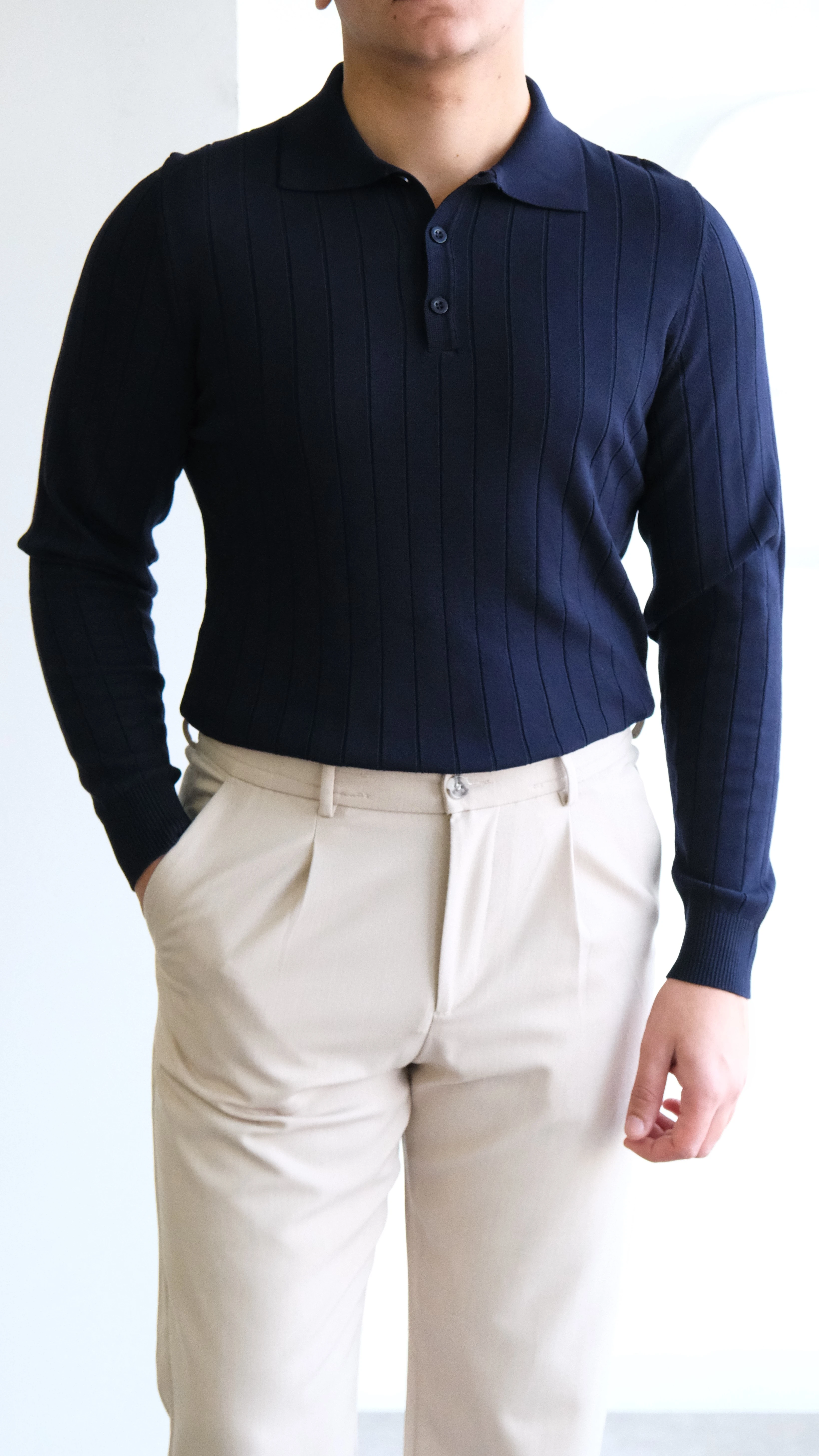 Polo Yaka Şeritli Lacivert Triko