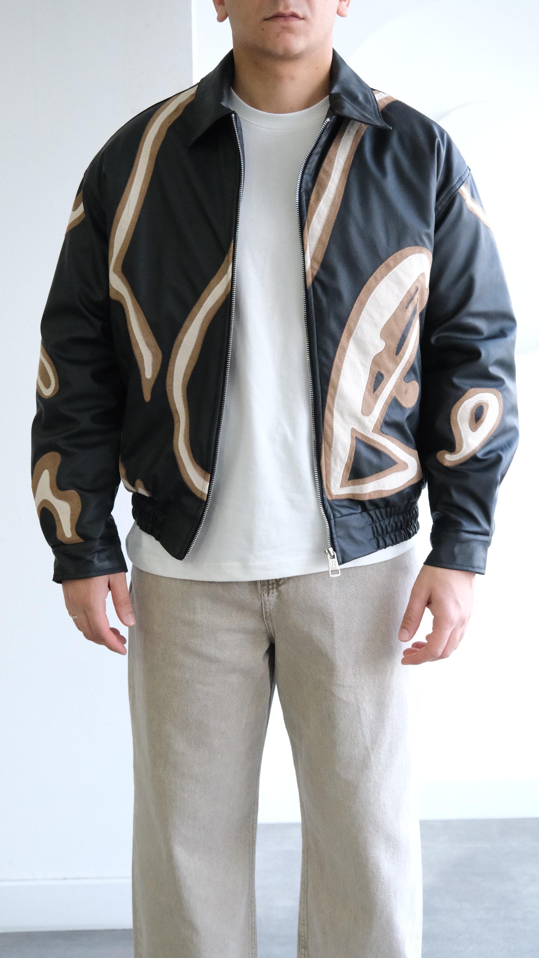 Baskı Detaylı Siyah Bomber Deri Ceket