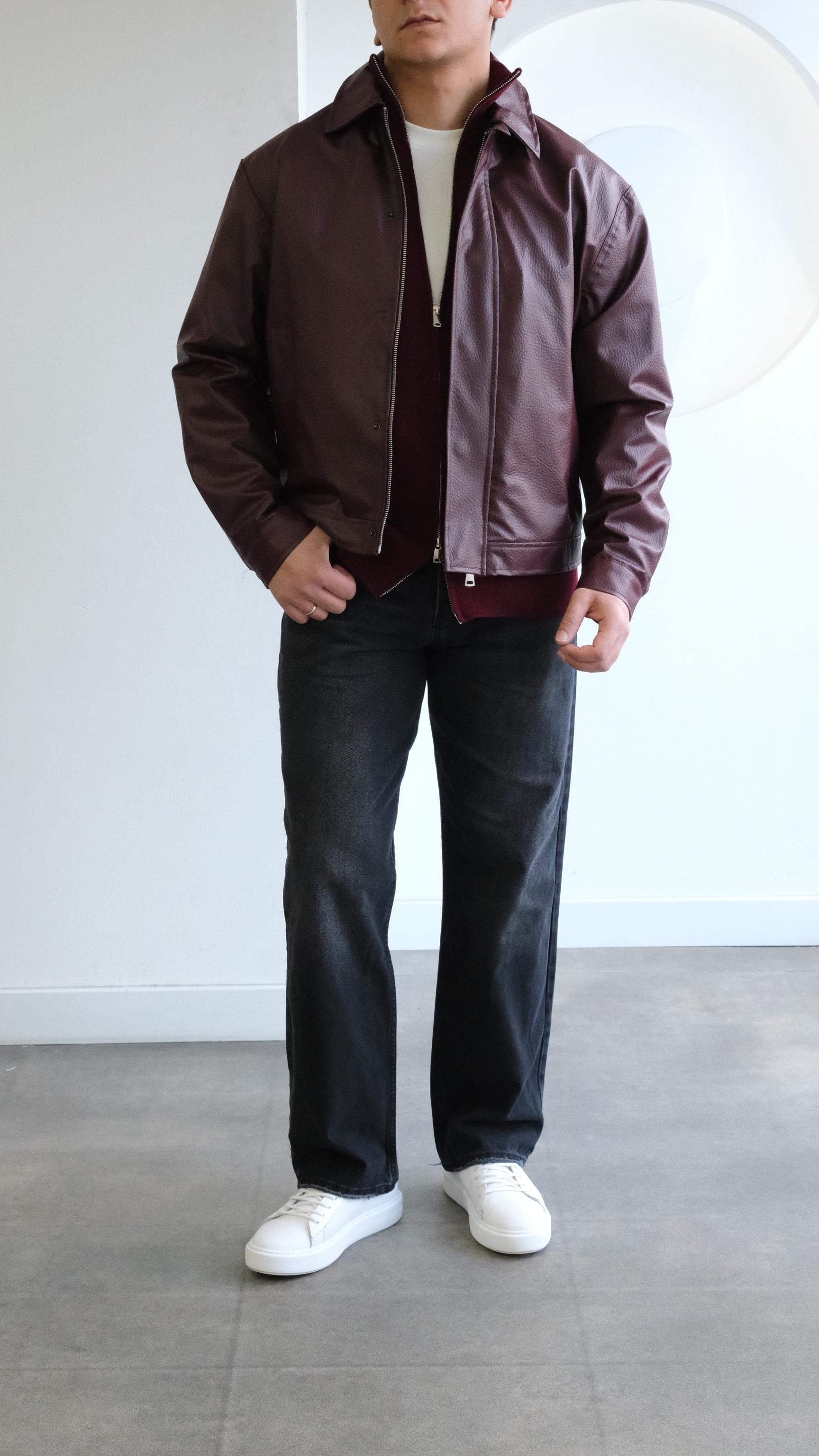 Bordo Dokulu Deri Ceket