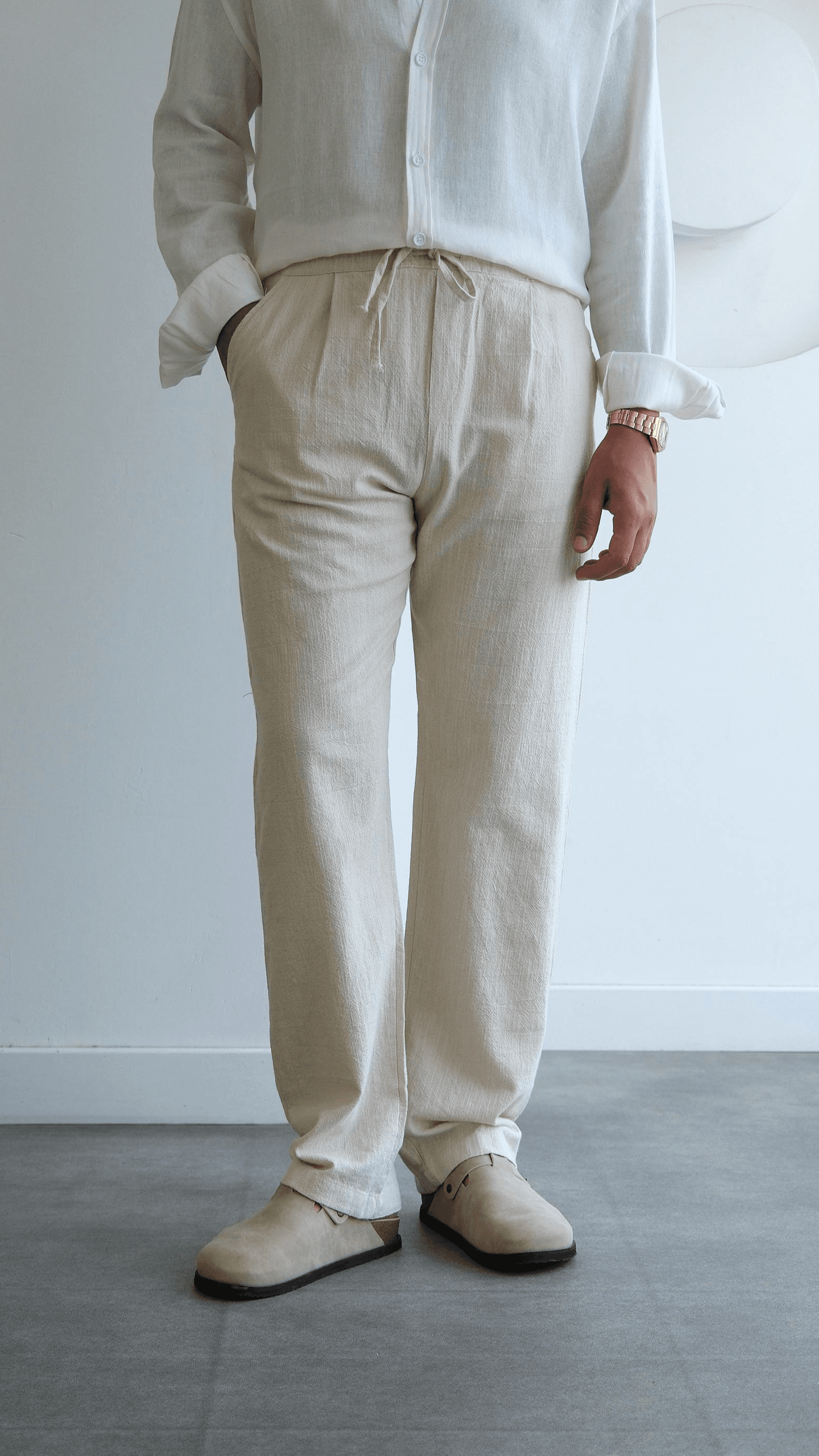 Bej Baggy Keten Bağcıklı Pantolon