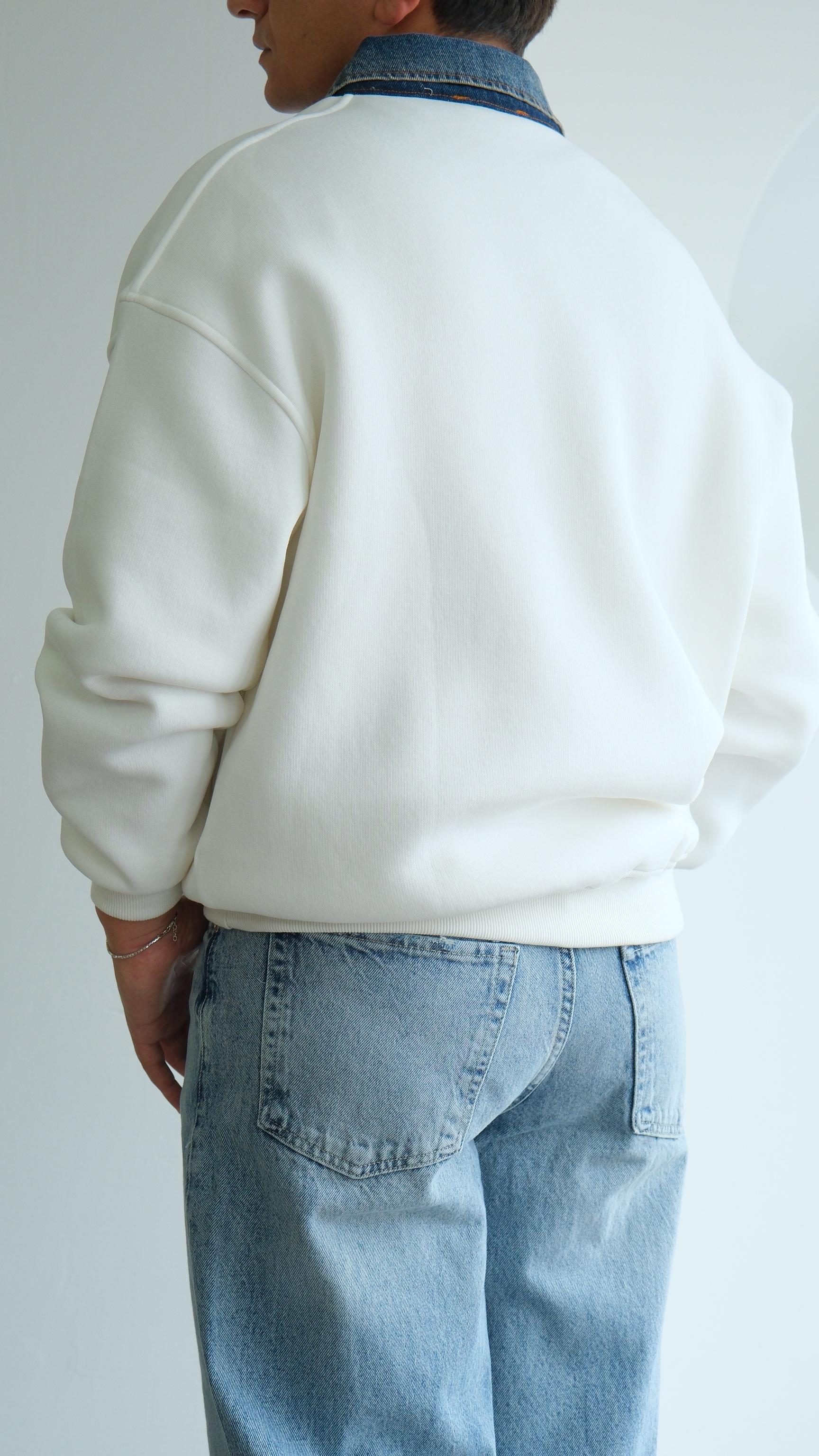 Fermuarlı Kot Polo Yaka Beyaz Sweat