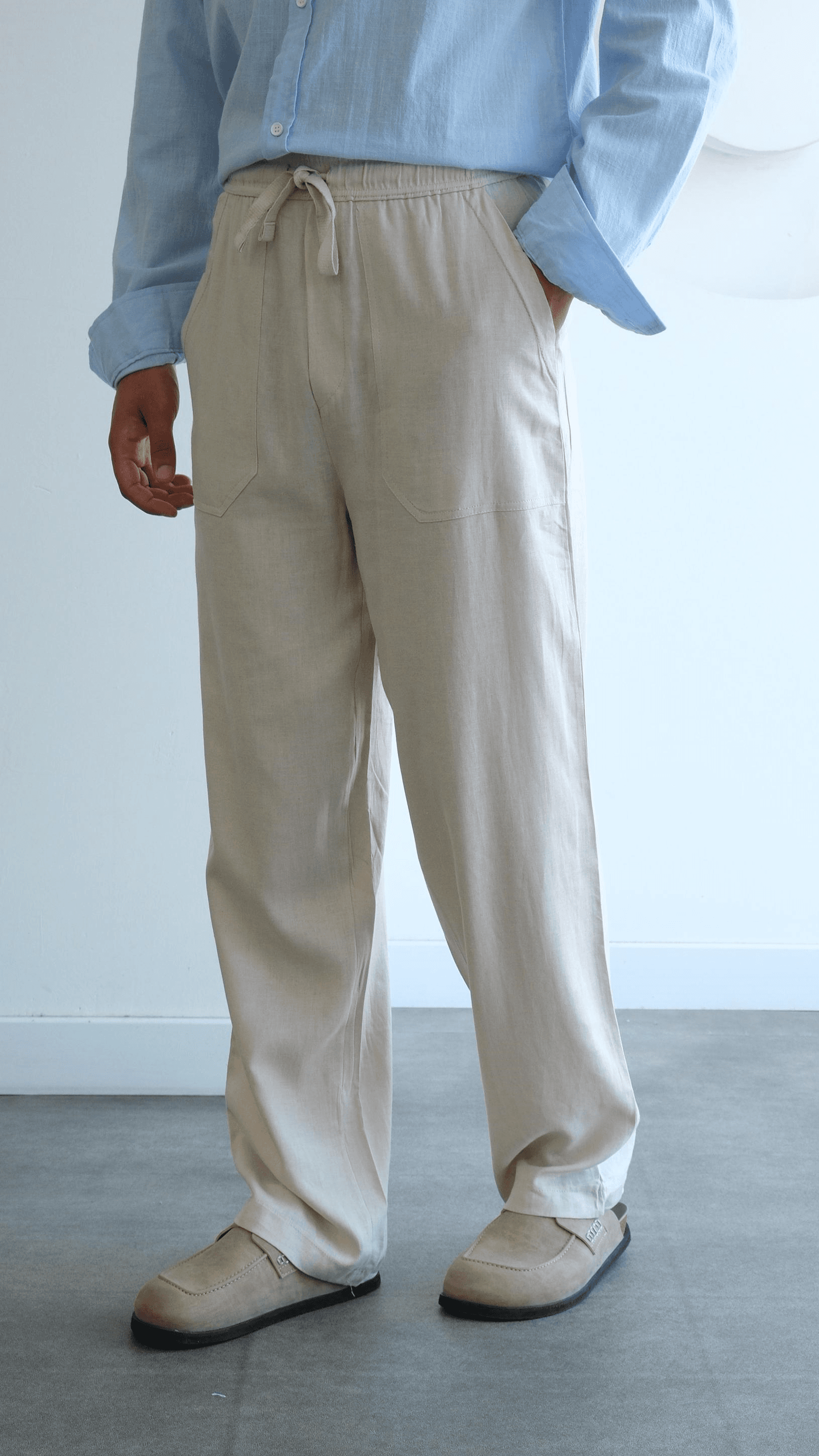 Bej Baggy Keten Pantolon 