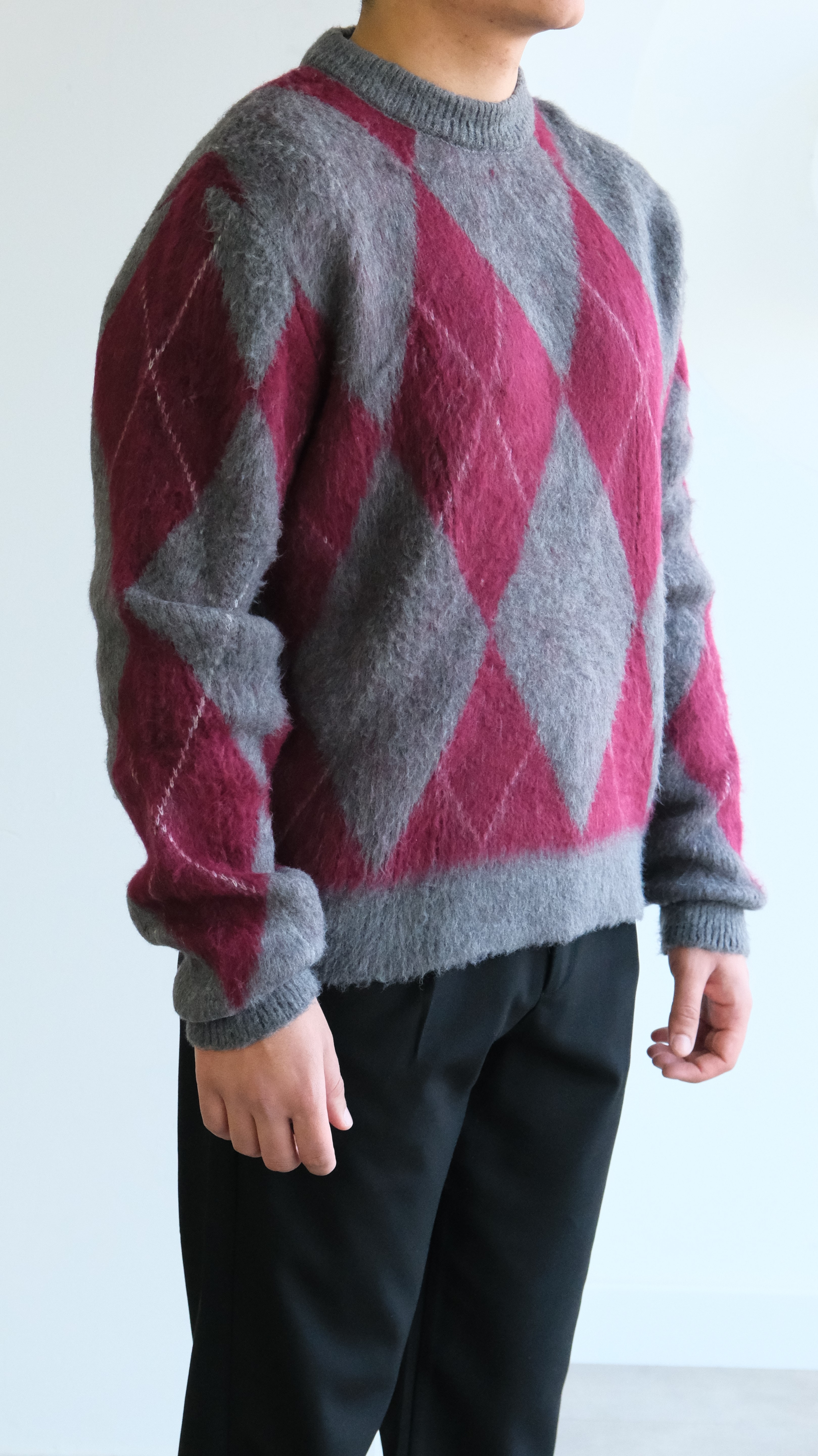 Baklava Desenli Bordo/ Gri Yün Görünümlü Kazak