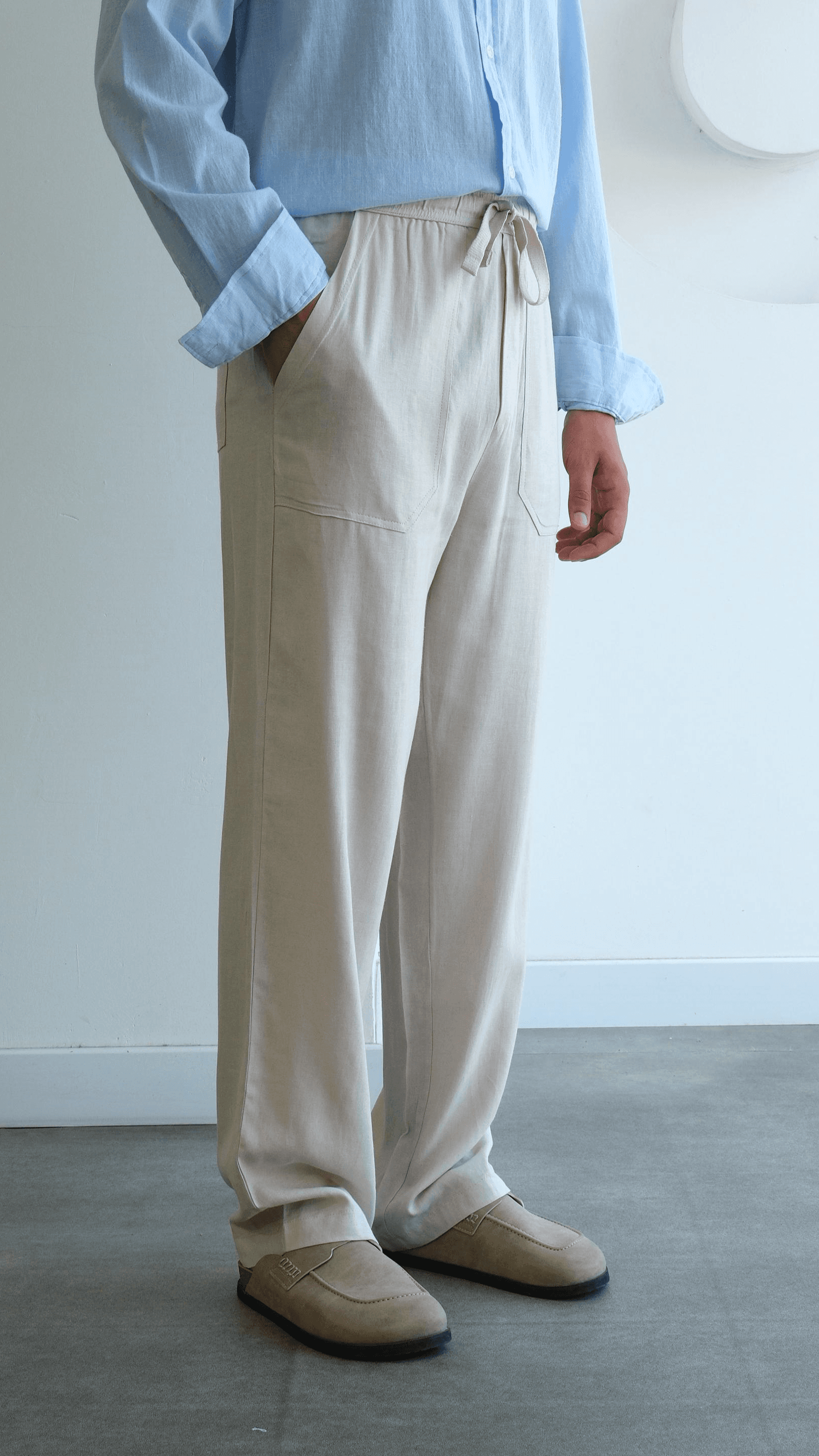 Bej Baggy Keten Pantolon 